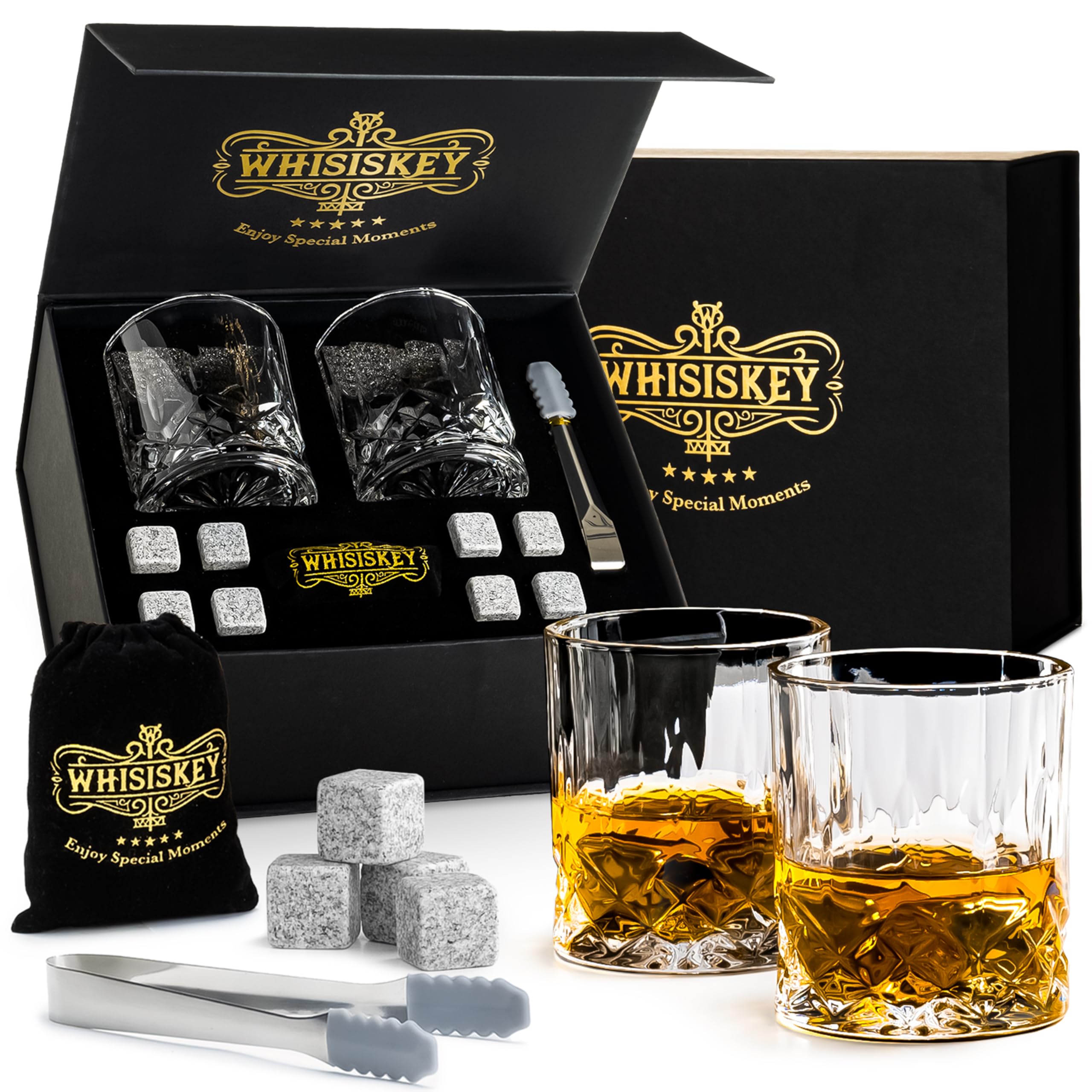 Whisiskey - Whiskey Glasses Set of 2 - Whisky Accessories Set - Whisky Gift Set - Gifts for Men - Reusable Ice Cubes - Contains: 2 Tumbler Glasses, 8 Whiskey Stones, Storage Bag & Ice Tongs