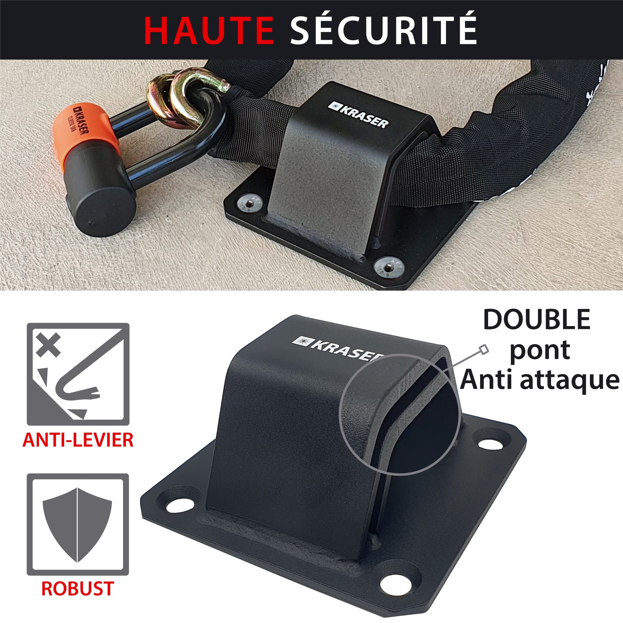 KRASER KR52B Ancrage au Sol et Mur Moto, Double Pont Anti-Attaque, Haute Sécurité, Boulons avec Bille Anti-Extraction, Acier Haute Résistance, Ancrage moto, Antivol de sécurite pour fixation moto velo