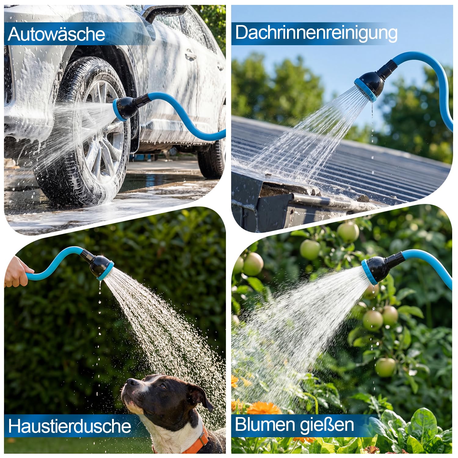 PRAOAHEI Garten Gießstab, 73cm Lang Biegsam Gartenbrause mit 360° Schwenkkopf, 10 Sprühmustern Kopf mit Sanfte Dusche und Durchflusskontrolle für Blumenampeln und Sträucher, Pflanzen, Blau