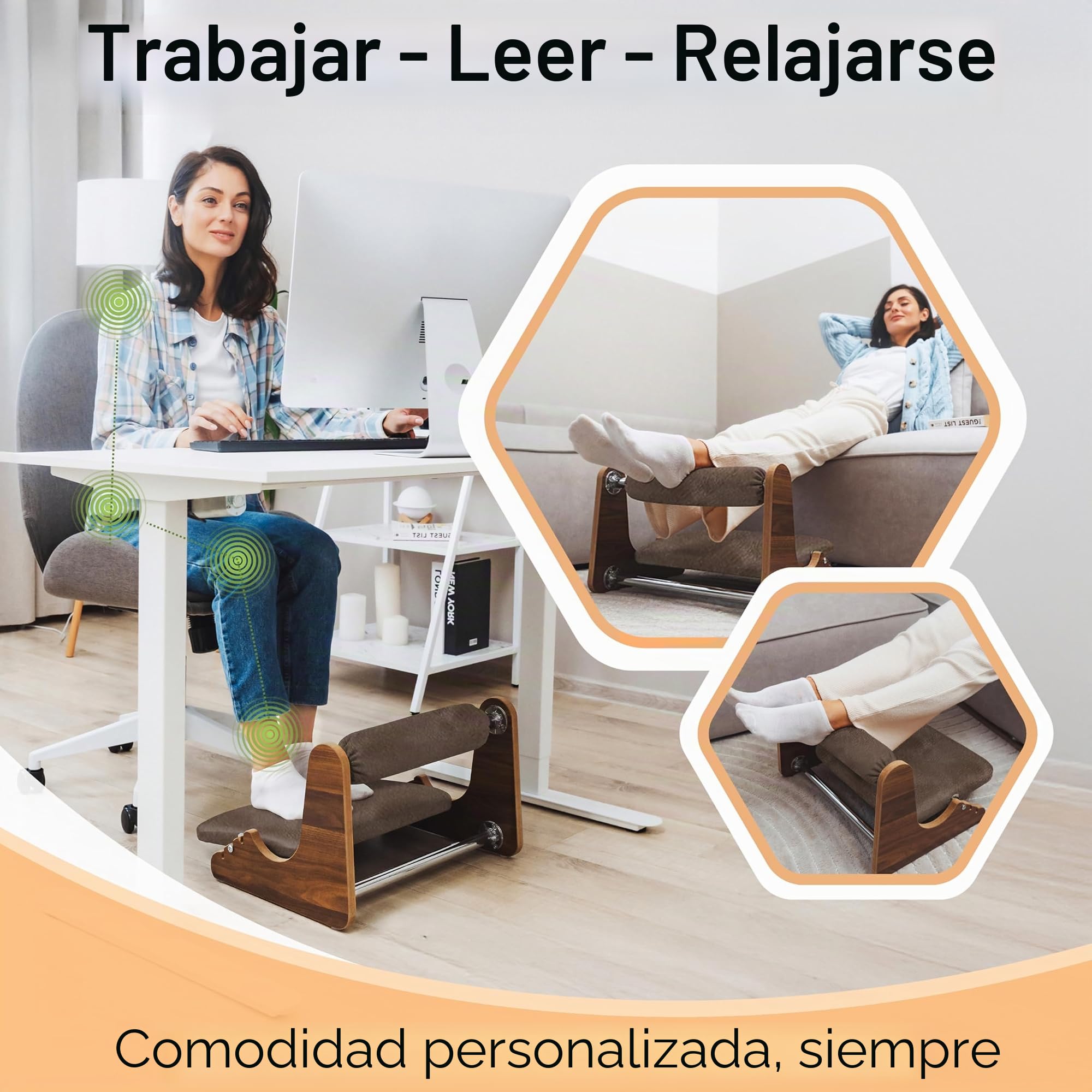 Reposapiés ergonómico de madera, 3 alturas ajustables (6/8/10 cm) - Soporte de tobillo de gamuza suave - Base basculante antideslizante - Comodidad para teletrabajo y oficina