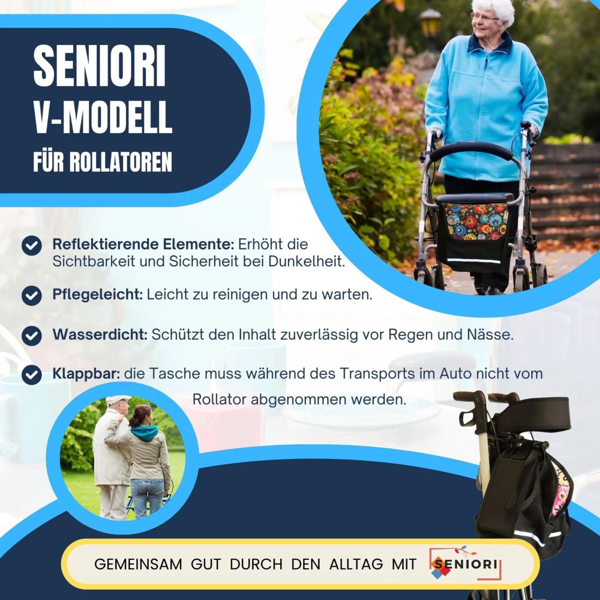 SENIORI Rollator- und Rollstuhltasche – Bequeme Befestigung & viel Stauraum – für Verschiedene Modelle – Mit Reflektor, Klettverschluss & stabiler Form (4. Blumen, V-Modell)