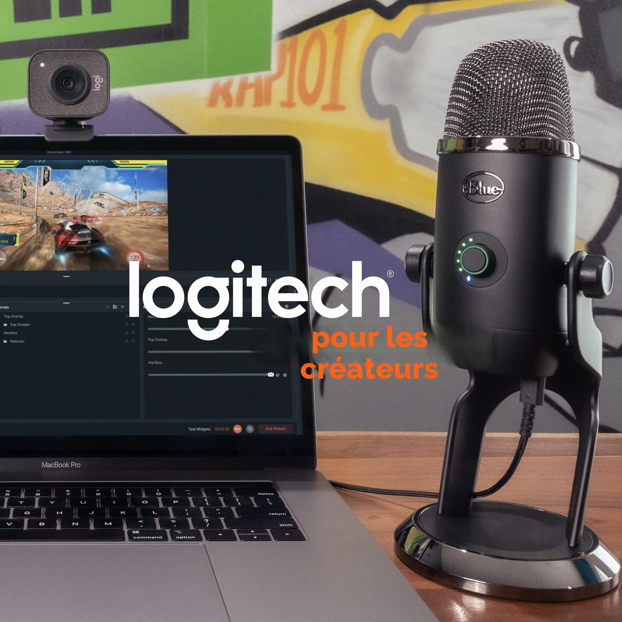 Logitech for Creators Blue Yeti Microphone USB pour Enregistrer, Streaming, Gaming, Podcast sur PC & Mac, Micro condensateur pour ordinateur portable et PC avec Effets Blue VO!CE, Plug and Play - Noir