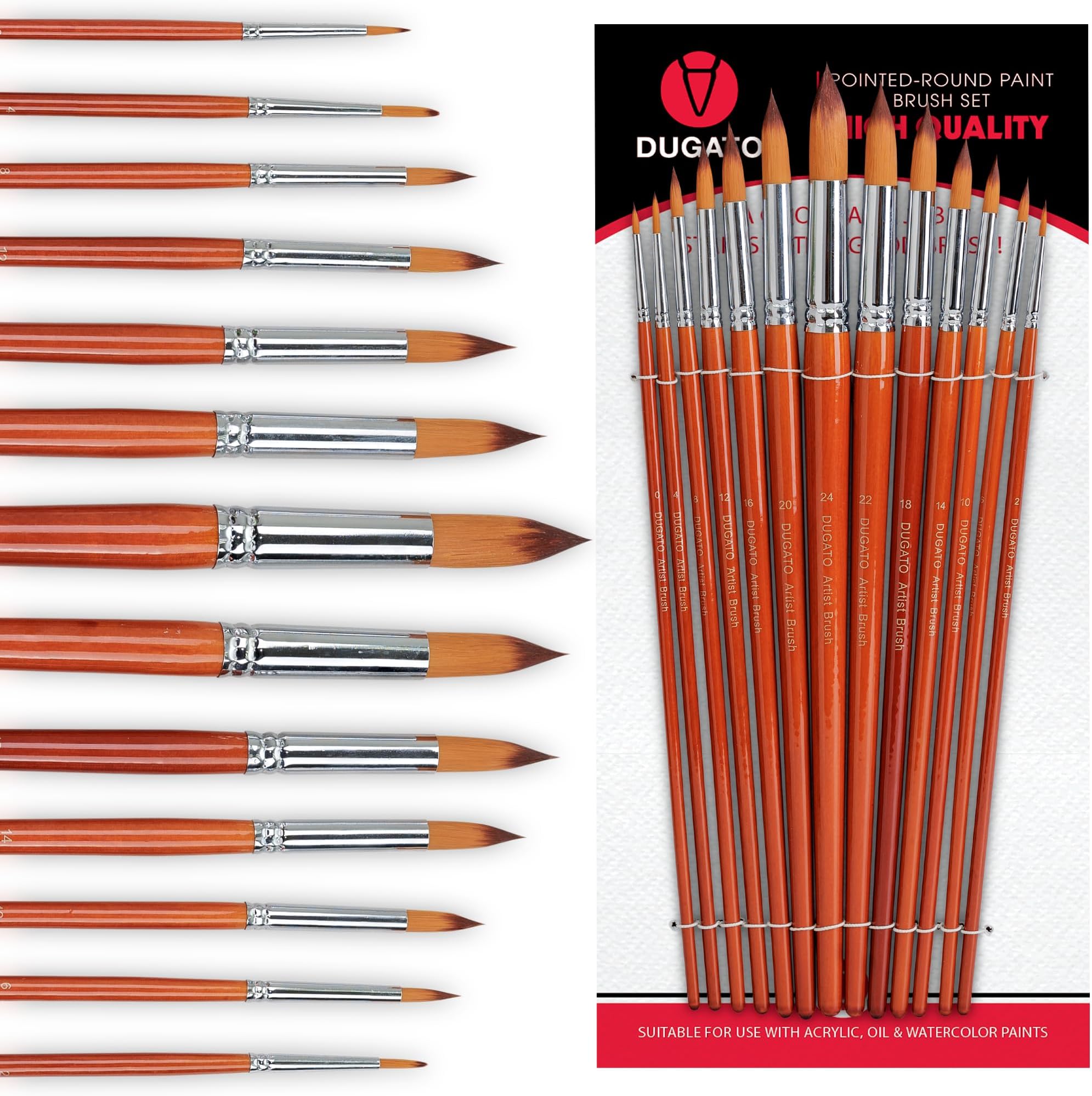 DUGATO Professional Artist Round Paint Brush Set (13pc) - Long Handle Round Pointed Tip, Anti-Shedding Nylon for Watercolor, Acrylic, Oil, Gouache, Ink & Tempera