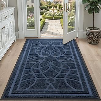 DEXI Front Door Mat Outside Entrance, Heavy Duty Non Slip Low Profile Doormat for Entryway, Trap Dirt and Moisture Welcome Mats, Easy Clean, Patio, Garage, 5x3, Blue