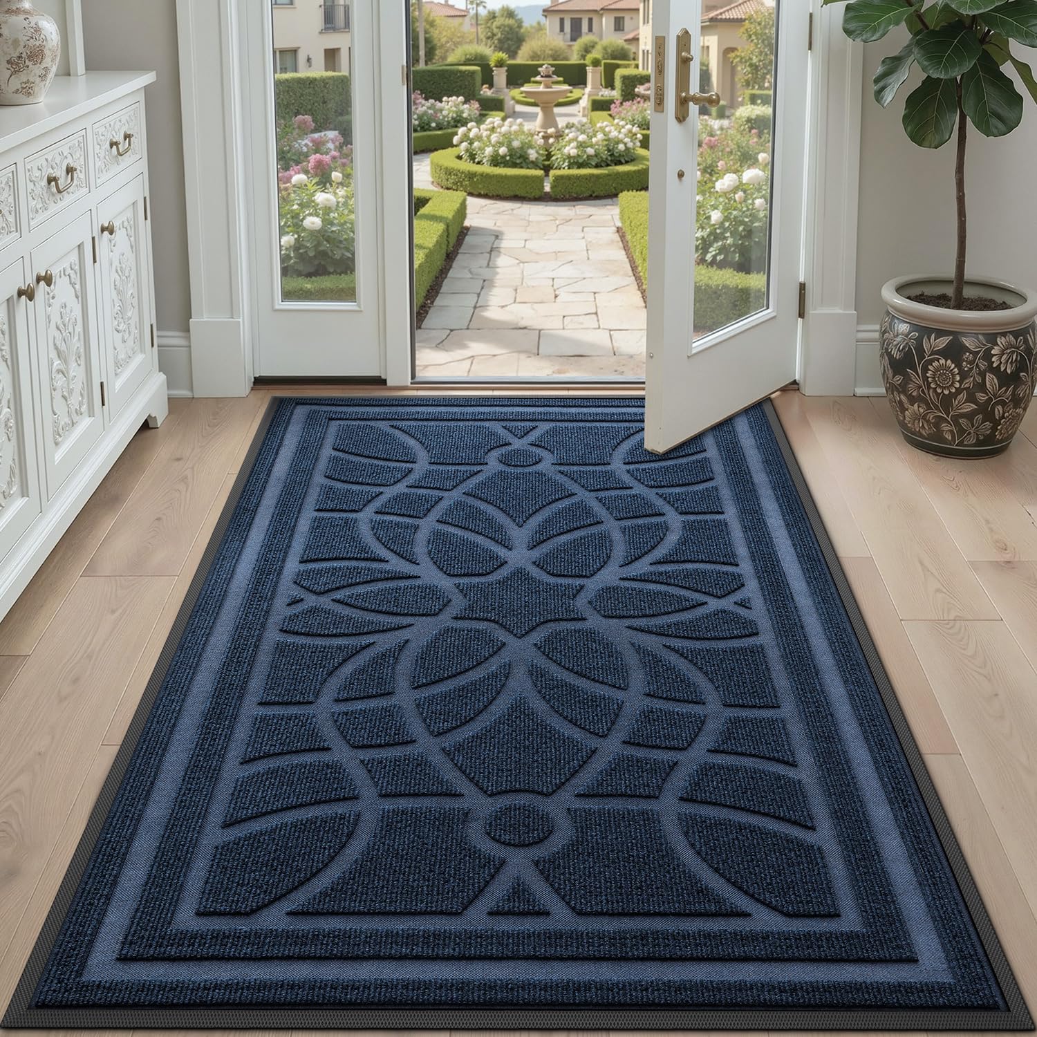 Front Door Mat Outside Entrance, Heavy Duty Non Slip Low Profile Doormat for Entryway, Trap Dirt and Moisture Welcome Mats, Easy Clean, Patio, Garage, 6x4, Blue
