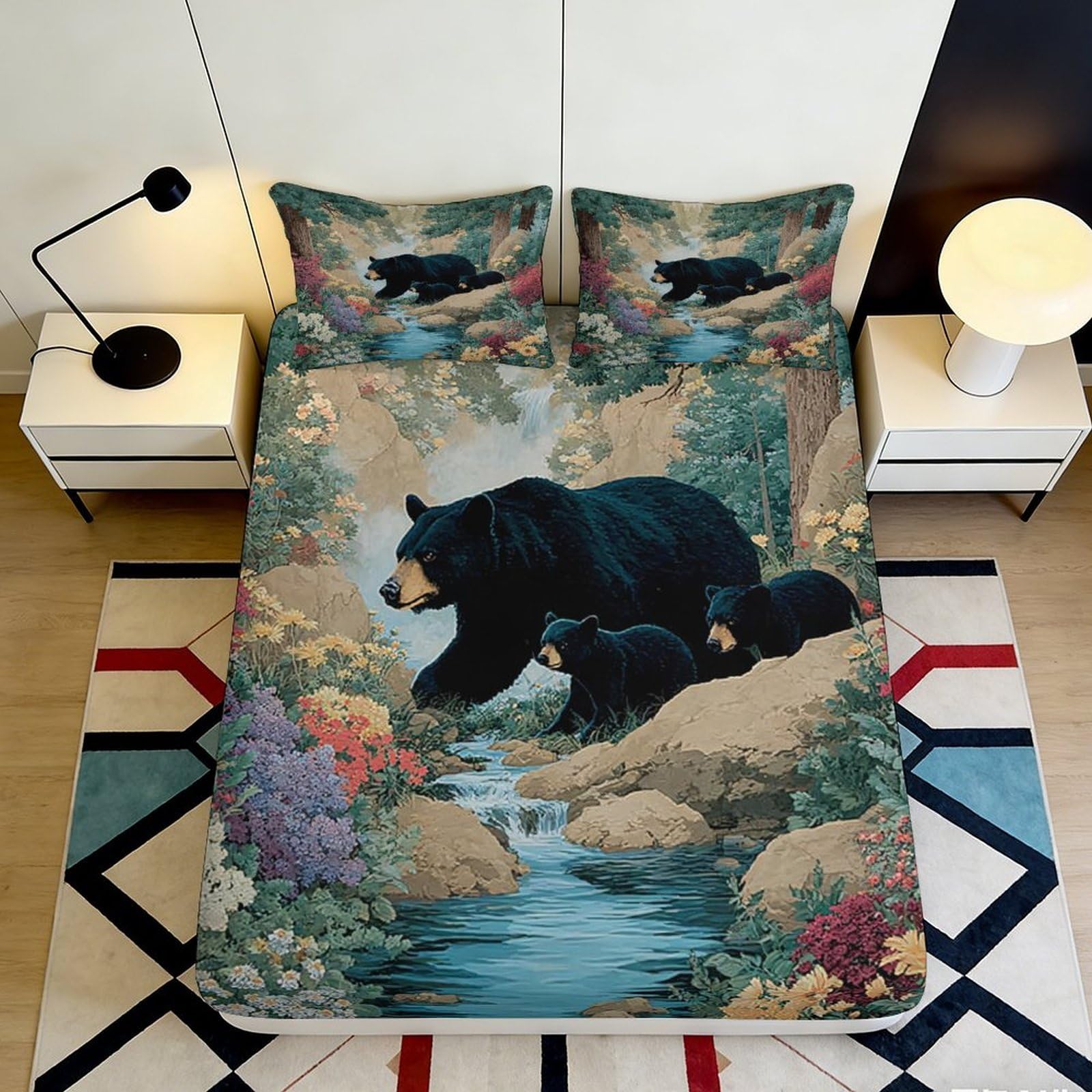 Pnayamiorkfel Style-6 3D Printed Black Bear Forest Fitted Sheet Microfiber Soft Bed Cover River Landscape For Bedroom Guest Room Decor 90X200x25cm