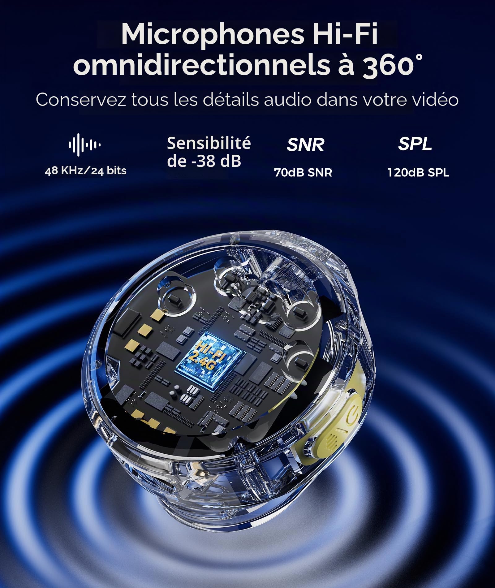 Aceele Micro Cravate sans Fil, Microphone sans Fil pour iPhone et Android, Réduction de Bruit, Audio Hi-FI 48kHz/24 Bits, Autonomie 24H, Portée 50 m, Micro Magnétique pour Vidéo, Live, Vlog, Podcast
