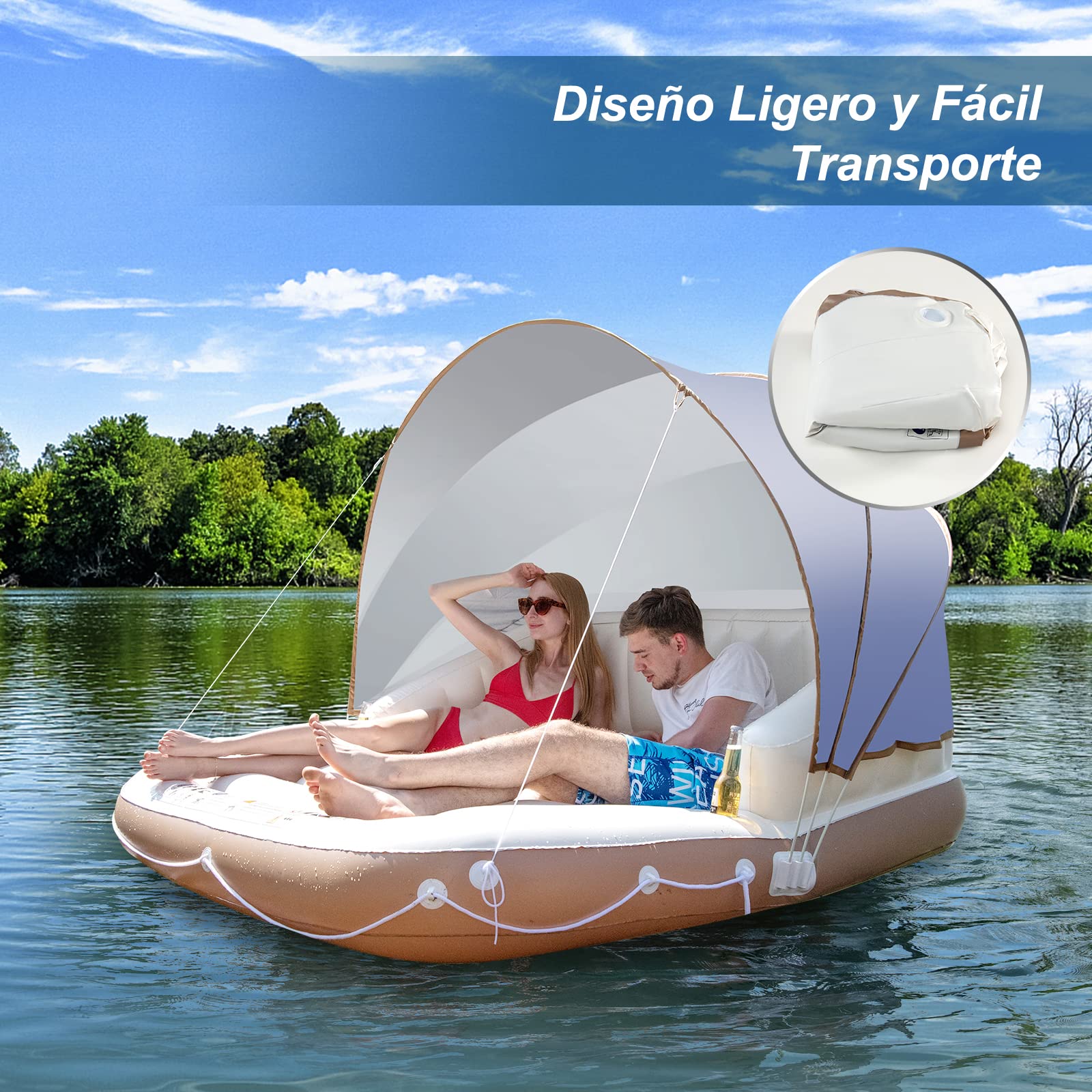 COSTWAY Isla Hinchable con Toldo para 2 Adultos, Toldo Retráctil y Removible, 2 Portavasos, Flotador de Piscina Interior y Exterior con Protección UPF50+, Soporta hasta 200 kg