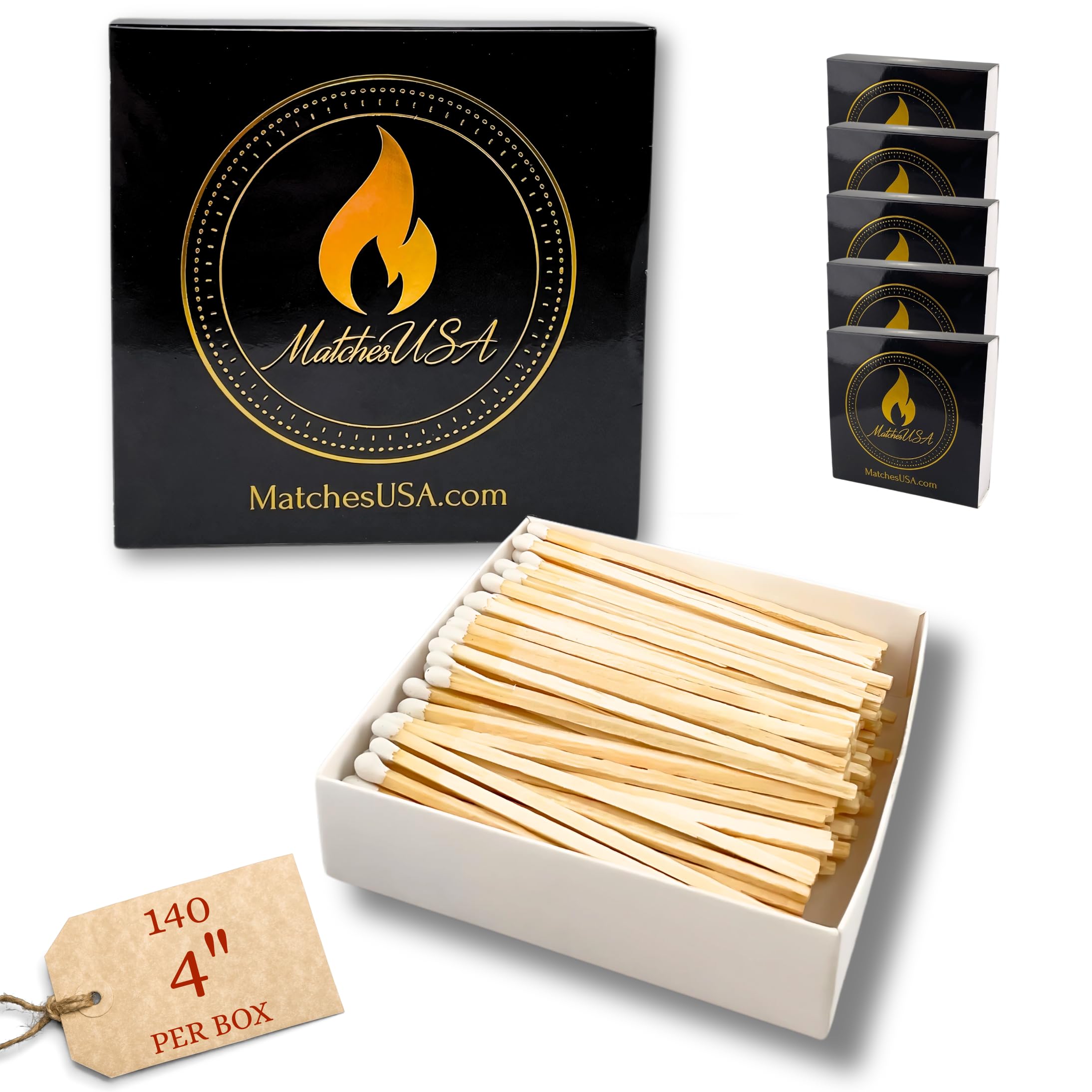 5 Boxes of 140 Count Matches (700 Total) | 4" Safety Match in Decorative Match Box | Long Color Craft Matchbook for Vintage Candle Set Display (White