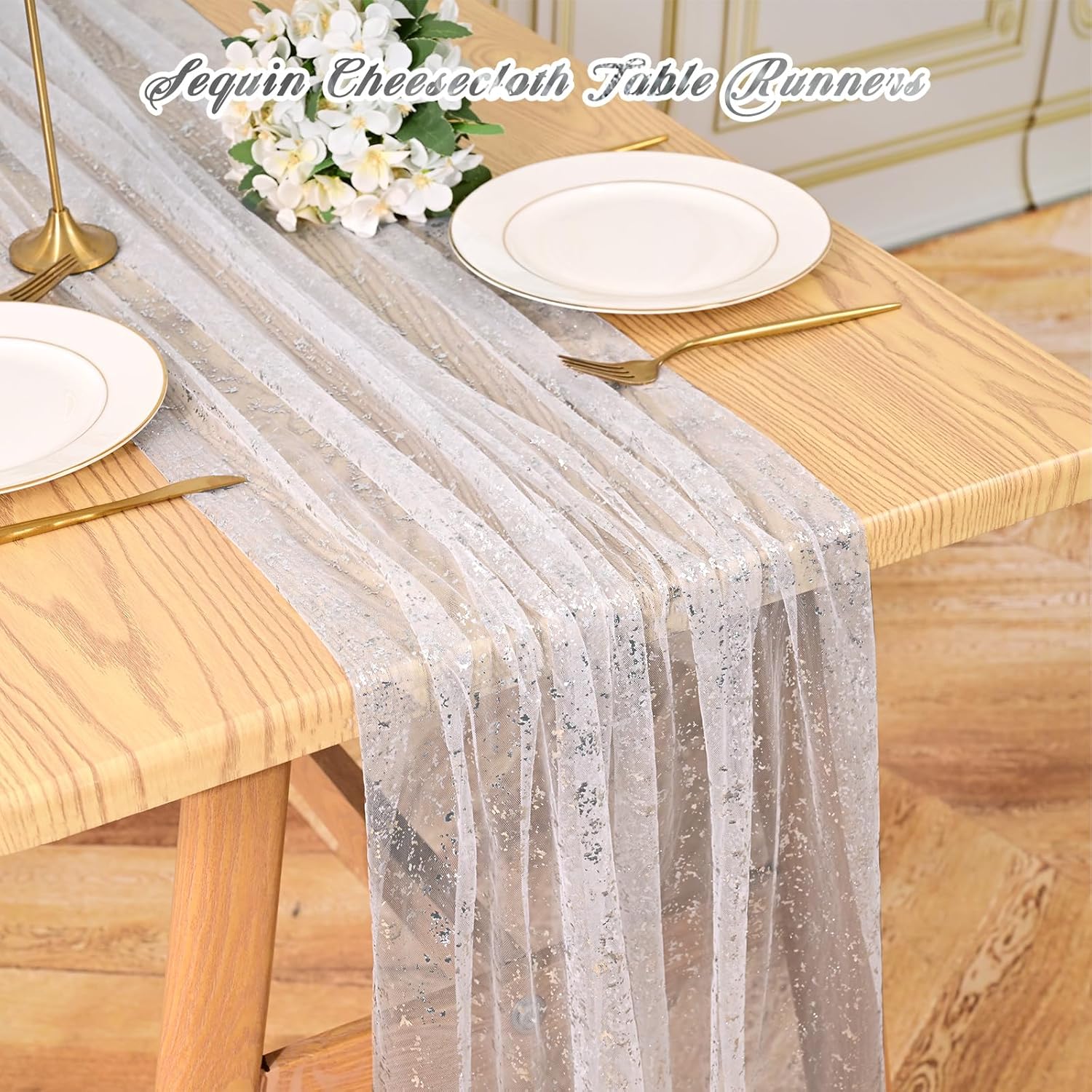 6 Pack Silver White Sequin Table Runner 28x120 Inch Glitter Sheer Gauze Tablecloth for Wedding Birthday Party Decor, Holiday Christmas Dinner Table Decorations