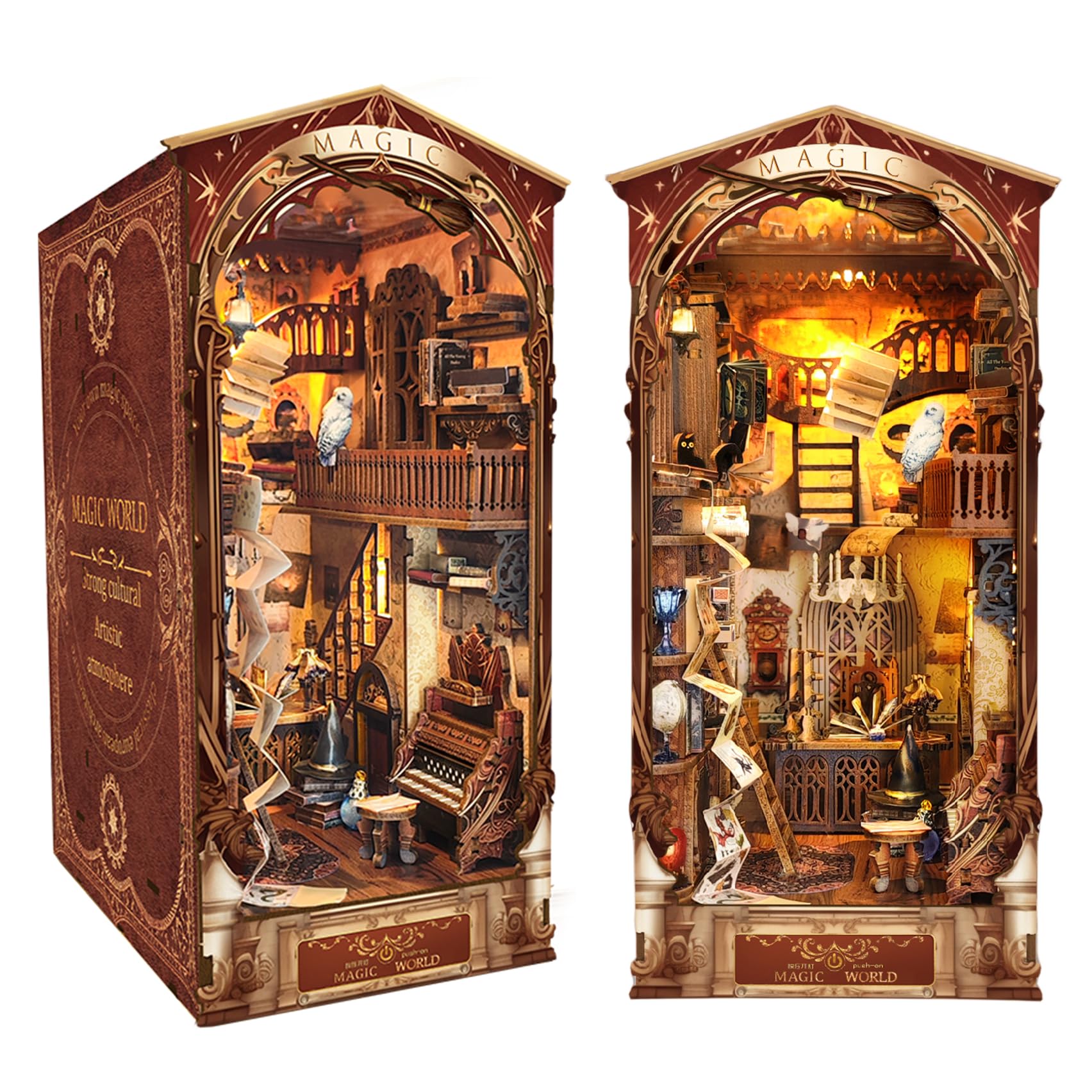 Flever Dollhouse DIY Book Nook Miniature Kit, Bookshelf Insert Decor, 3D Wooden Puzzle Booknook Miniature Kit, Creative Assembled Bookends for Romantic (Magic World)