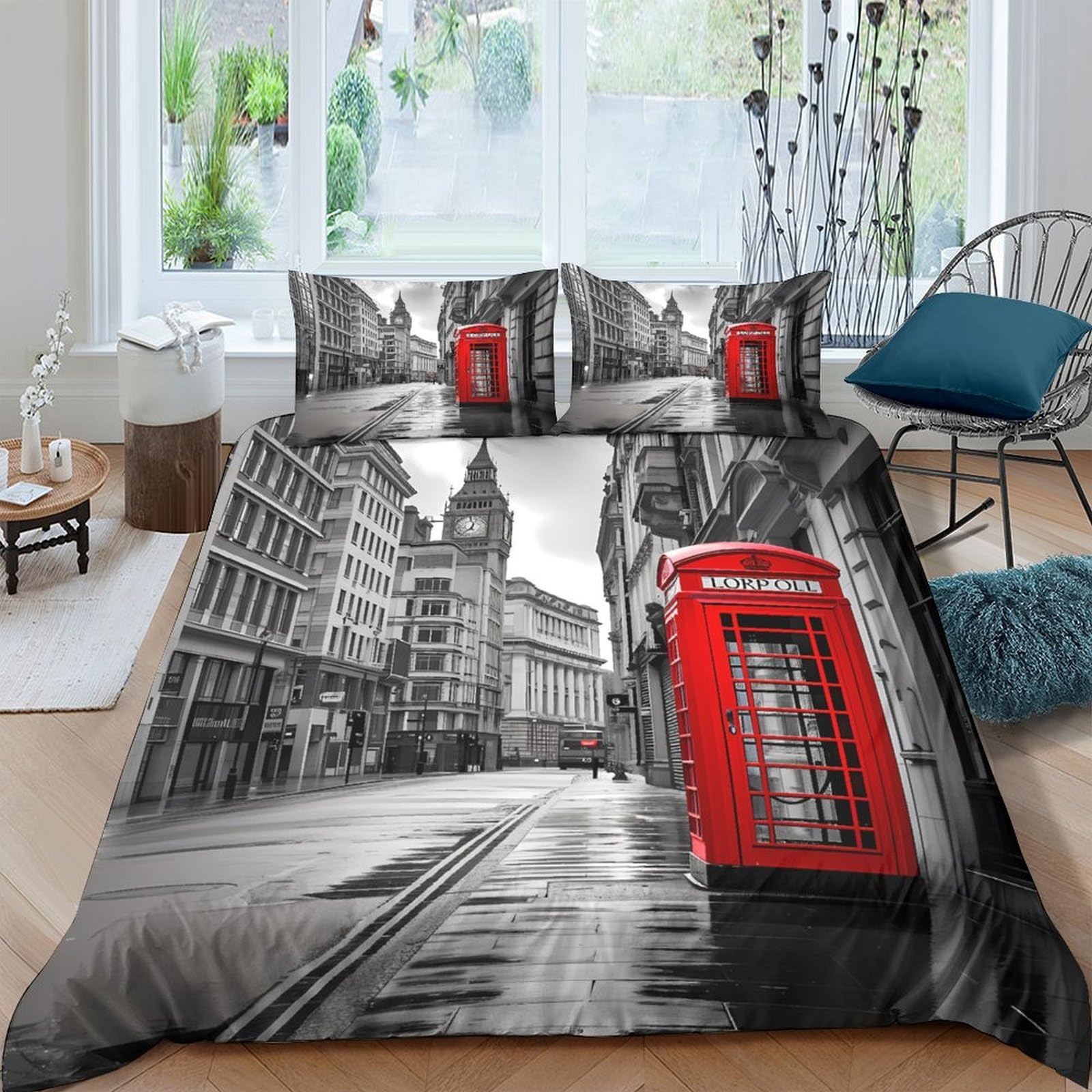 Ctjqhvkz Style-6 3D Printed London Street Fitted Sheet Microfiber Soft Modern Red Telephone Box Mattress Cover For Bedroom Guest Room Decor Single（135X200cm）