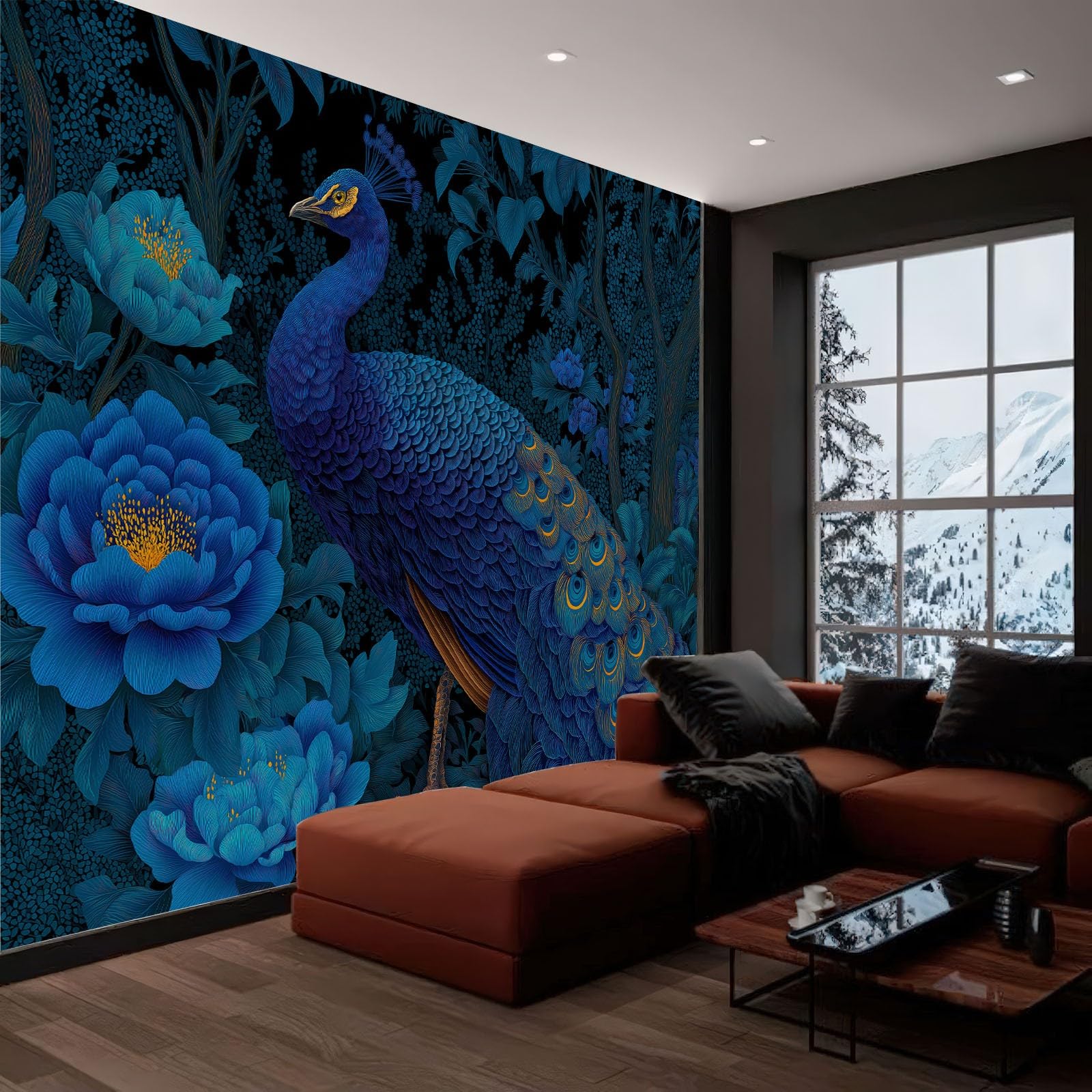 Tapeta panoramiczna Vintage Zwierzęta Paw Kwiatowy 350 cm x 256 cm Nowoczesna Ciemnoniebieska fototapeta do salonu sypialni - Tapeta ścienna XXL, Gigantyczny plakat do biura
