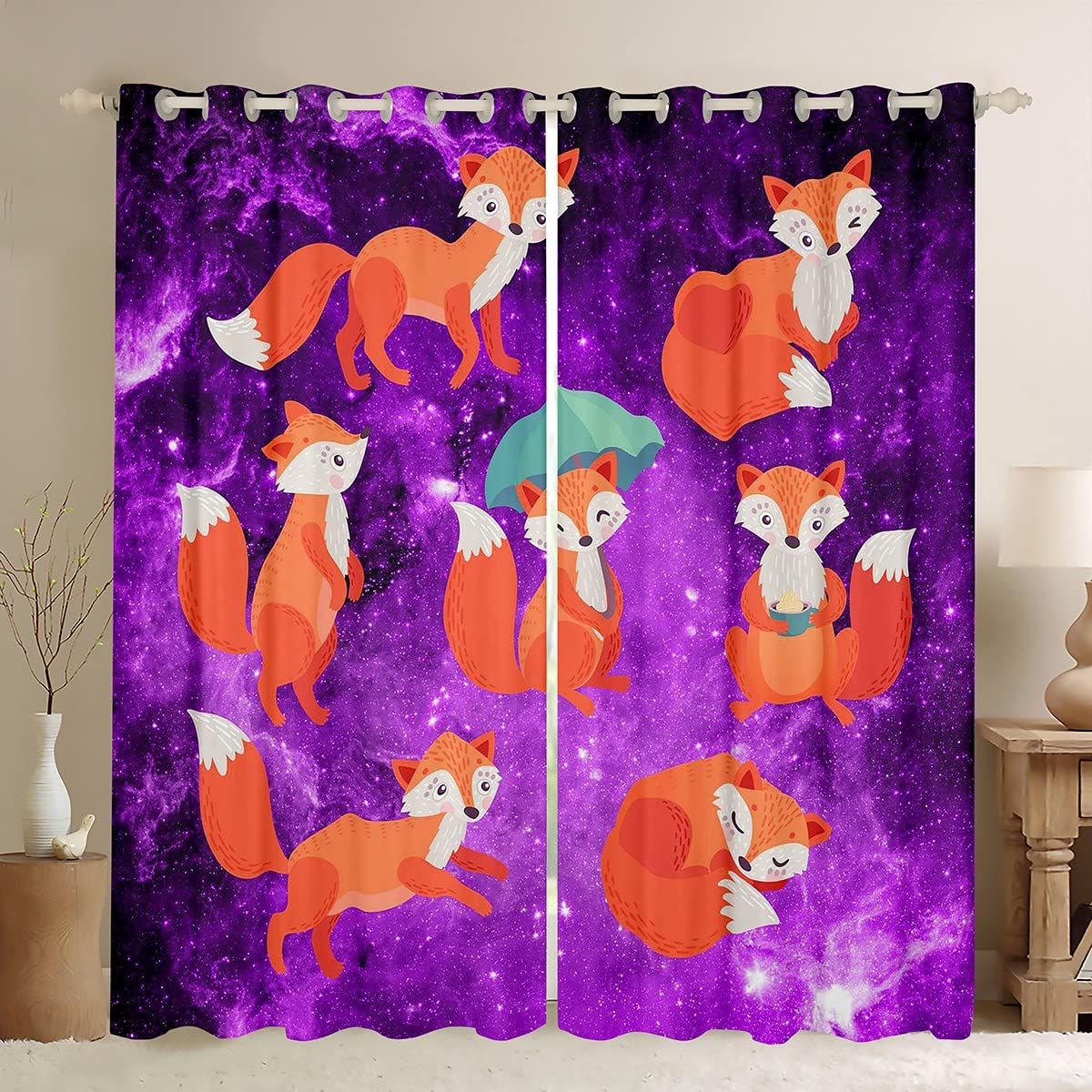 Loussiesd Fox Blackout CurtainsCartoon Fox Purple Galaxy Darkening Window Dreapes Curtain for Bedroom 3D Animal Window Treatments Kawaii Animals W46*L72