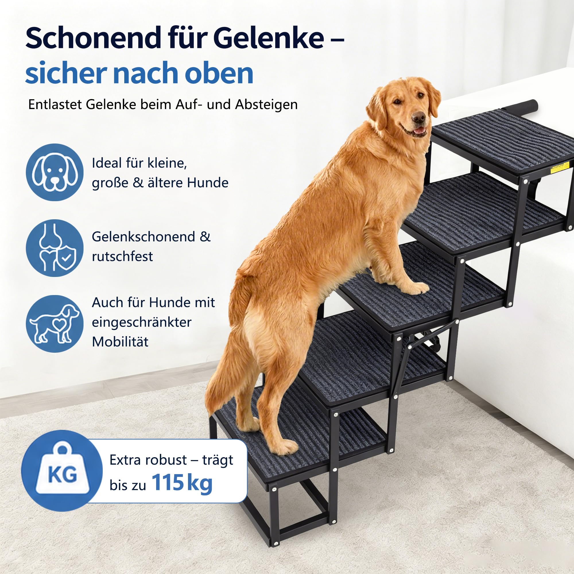 Thanaddo Hundetreppe Auto, 5-stufige Hundetreppe 80 cm für Große Hunde mit Teppich, Hunderampe Auto klappbar Extra Stabile Höhenverstellbar, Leichte Rampe Hund für alle Autos geeignet, bis zu 100KG