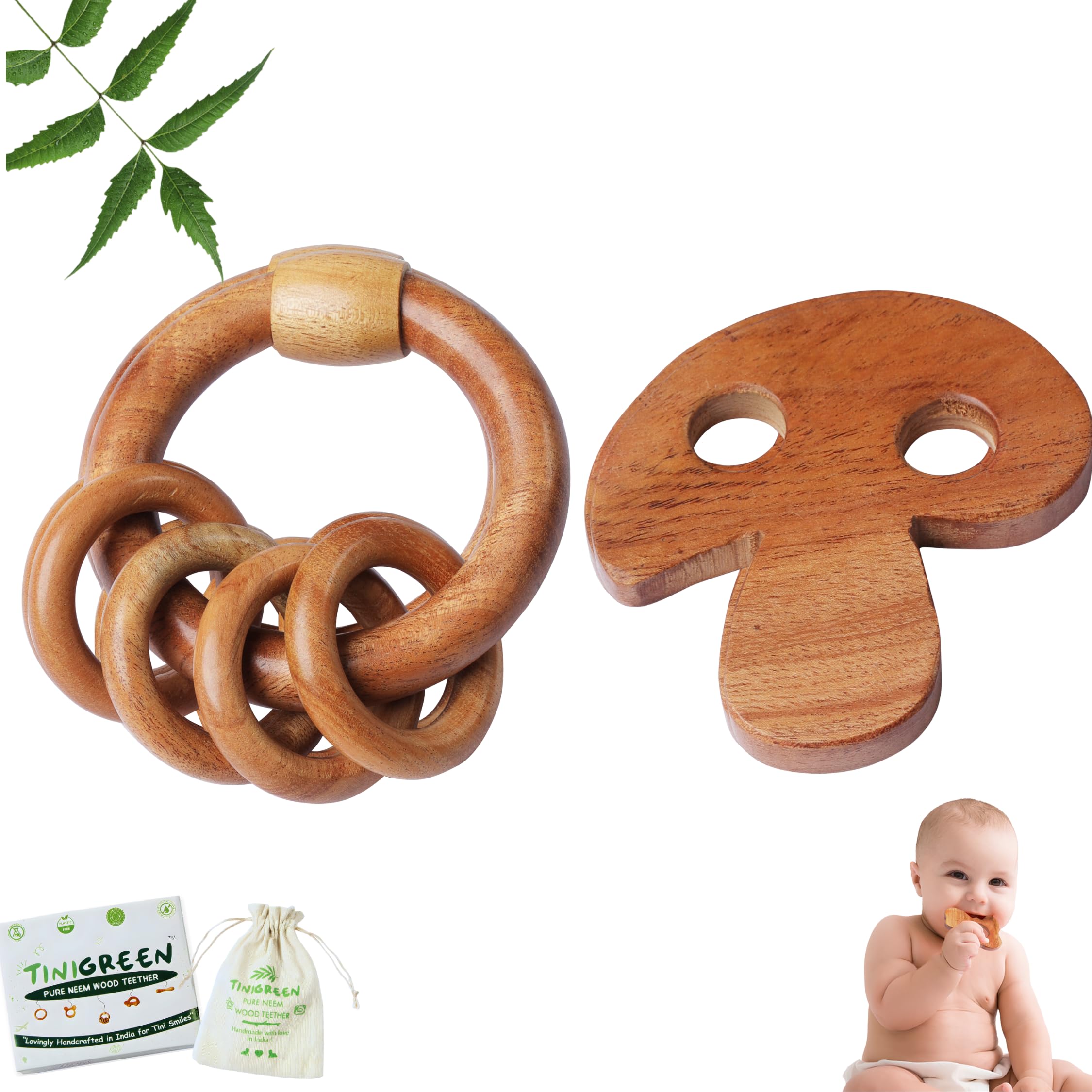 Neem Wooden Baby Teether Mushroom & Rattle Shape Organic Neem Wood Teething Toy for Infants Natural Safe Baby Teether 3–12 Months (Pack of 2)-image-42