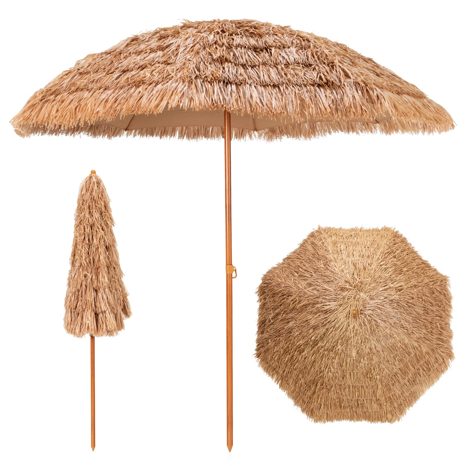 COSTWAY Sombrilla playa, Sombrilla Terraza Exterior con Apariencia de Paja y 8 Costillas, Sombrilla de Playa Inclinable y Plegable para Jardín, Parasol Exterior sin Base
