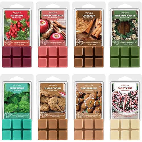 Winter Scented Wax Melts Sets, Holiday Wax Cubes for Warmer, Soy Wax Tarts - Christmas Wreath, Apple Cinnamon, Gingerbread, Mistletoe, Peppermint, Cinnamon, Candy Cane, Sugar Cookie, 8 Pack