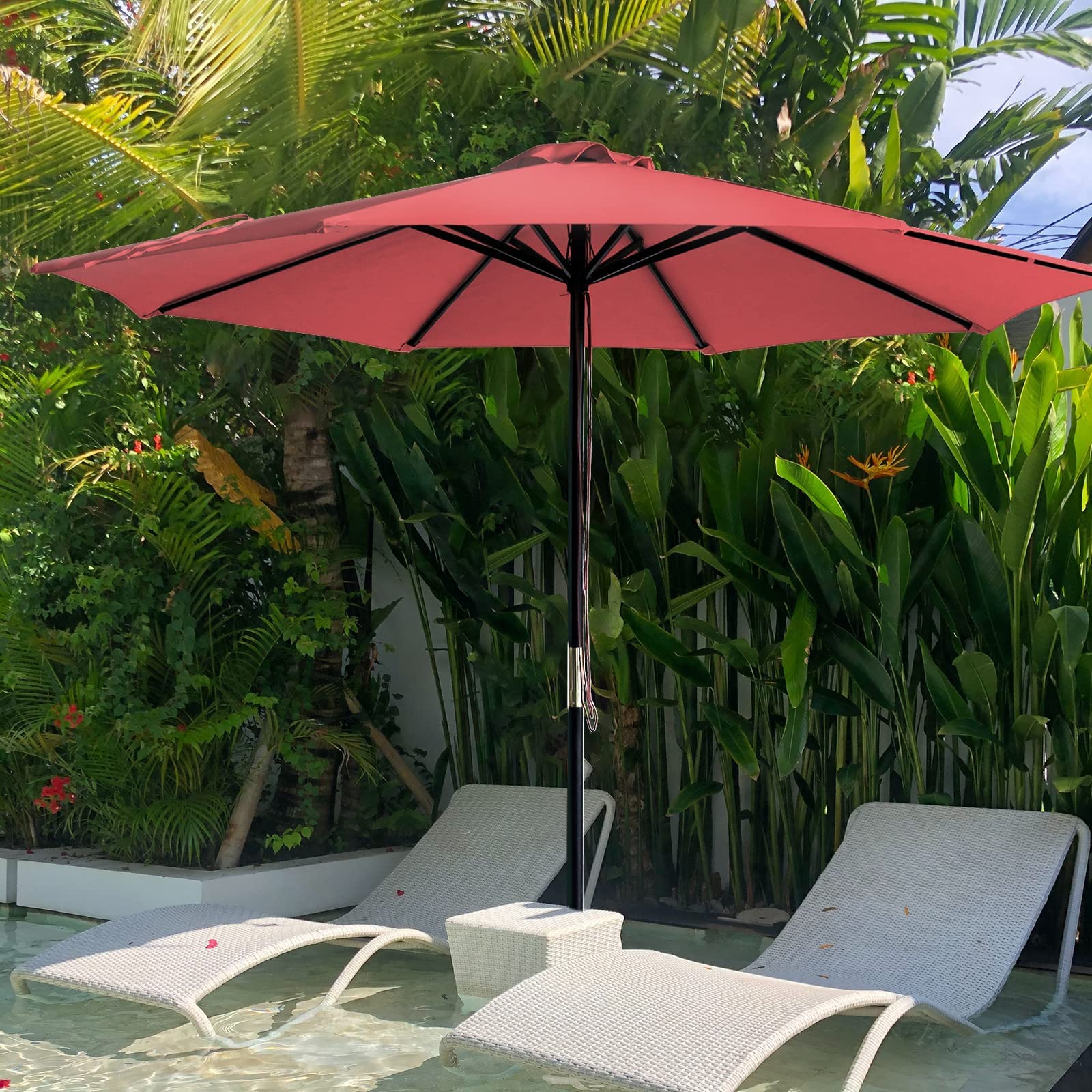 SUNNYARD 9FT Wood Patio Umbrella Outdoor Market Table Umbrella with Pulley Lift,3 Adjustable Heights,Red