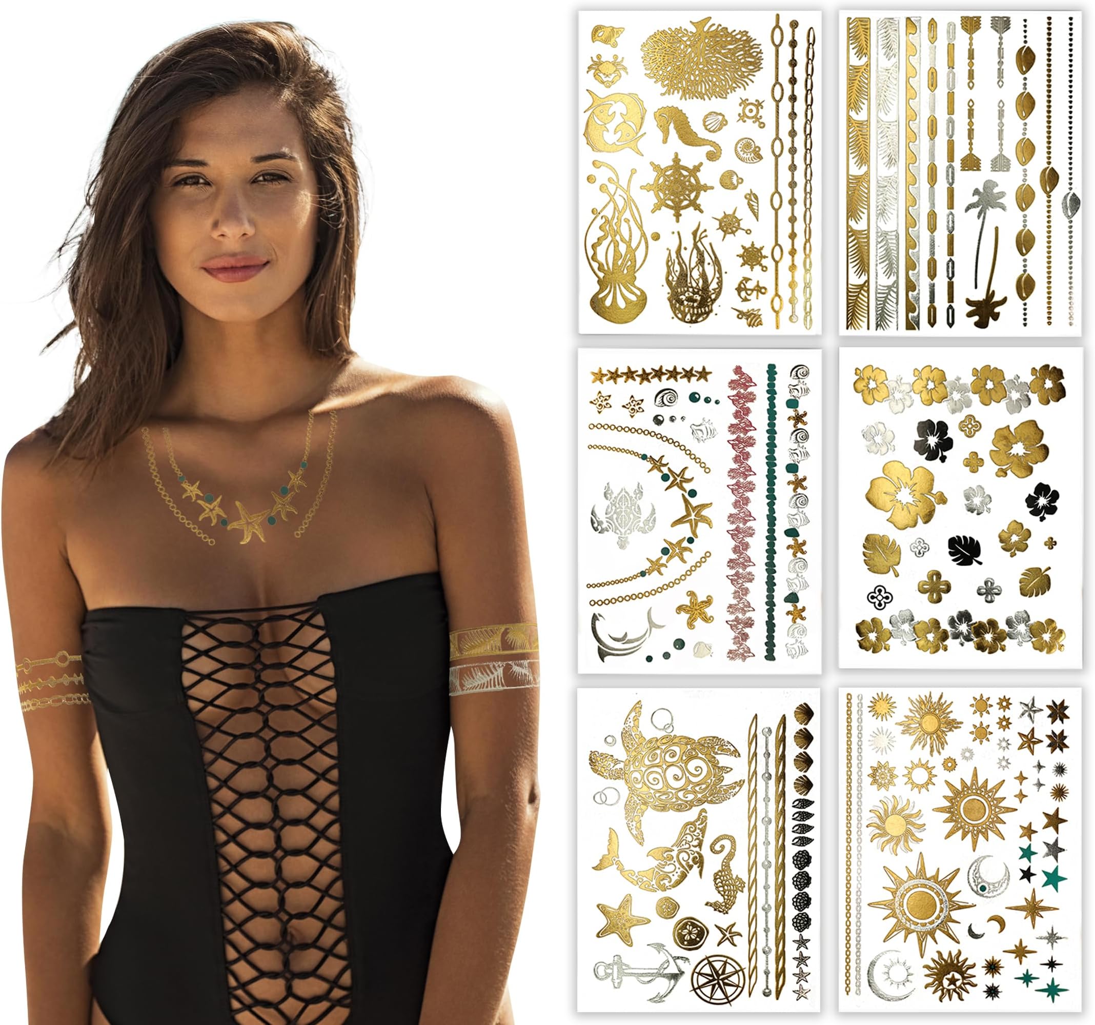 Terra Tattoos Gold Metallic Tattoo Flash Sheets Designs of Seashells, Sun, Flowers & more! Face Tattoos for Women Waterproof Nontoxic Long Lasting 75+ Designs for Vacation, Festivals Parties - Gold