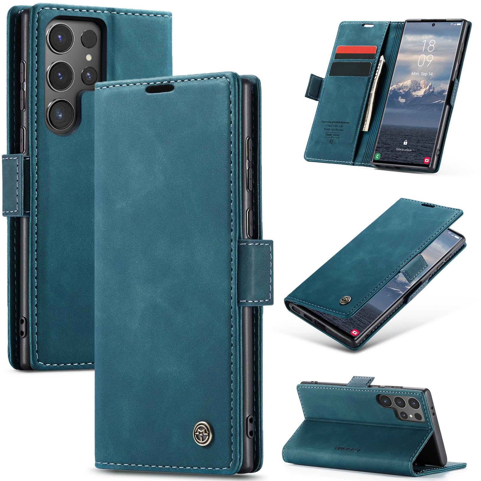 Azororo Cover per Samsung Galaxy S24 Ultra 5G, Premium PU Pelle Custodia, Magnetica Carta Fessura Portafoglio Case, Flip Cavalletto Custodia per Samsung Galaxy S24 Ultra- Blu verde