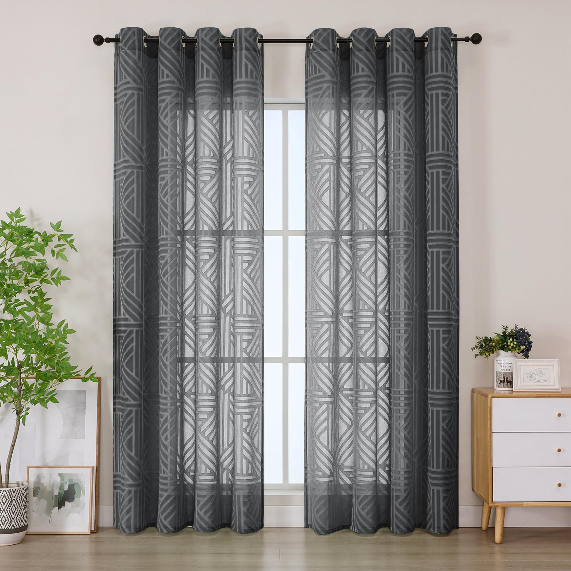 Simplebrand Semi Grey Sheer Curtains 140x220 2 Panels, Light Filtering Geometric Jacquard Clip Textured Eyelet Sheer Curtains for Living Roon,Modern Elegant Window Curtains Drapes — image 1