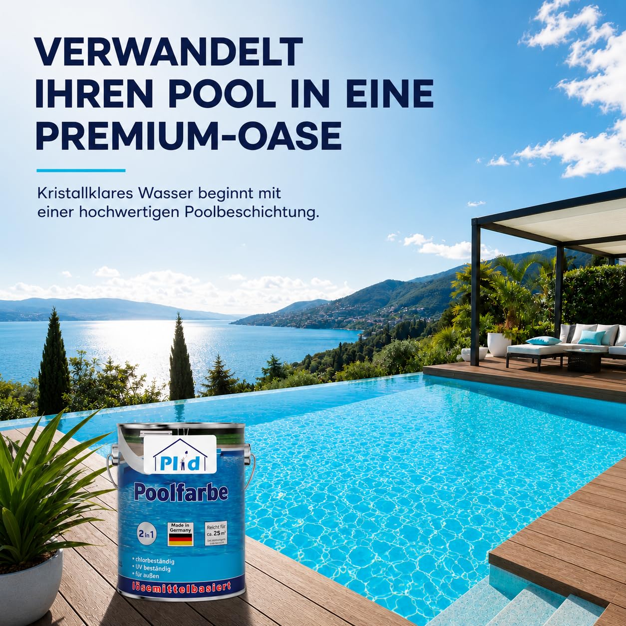 Plid® Beton Poolfarbe Poolblau seidenglänzend 2,5l - Schwimmbeckenfarbe chemiekalienbeständig - Unterwasserfarbe schnelltrocknend & kratzfest - hohe Farb- und Glanzstabilität Made in Germany