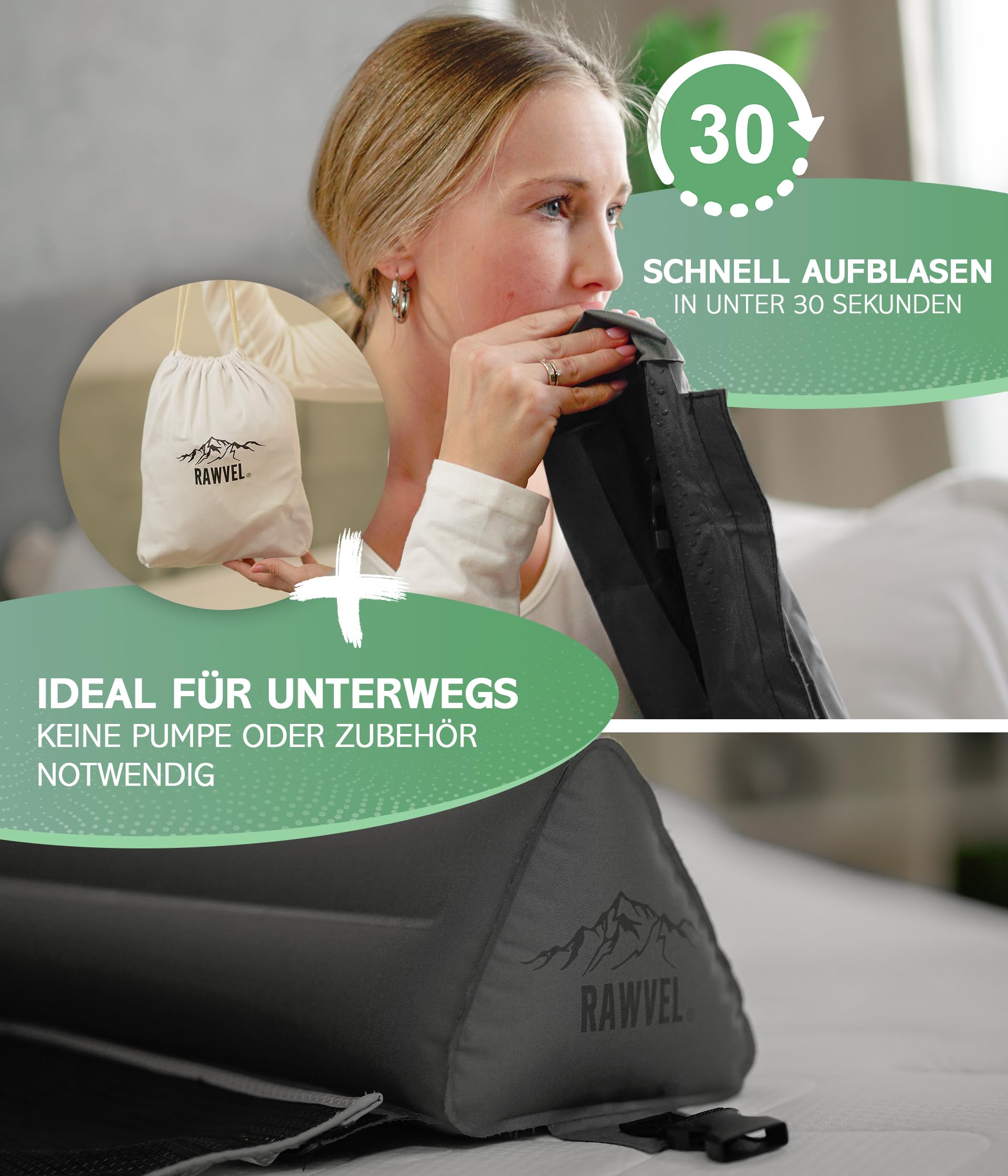 RAWVEL® Rausfallschutz aufblasbar 130cm Premium - [NEU 2025] - passend für alle Betten Zuhause & auf Reisen - Rausfallschutz Bett Reise BPA Frei & Laborgeprüft + Nylongurt (1er Set)