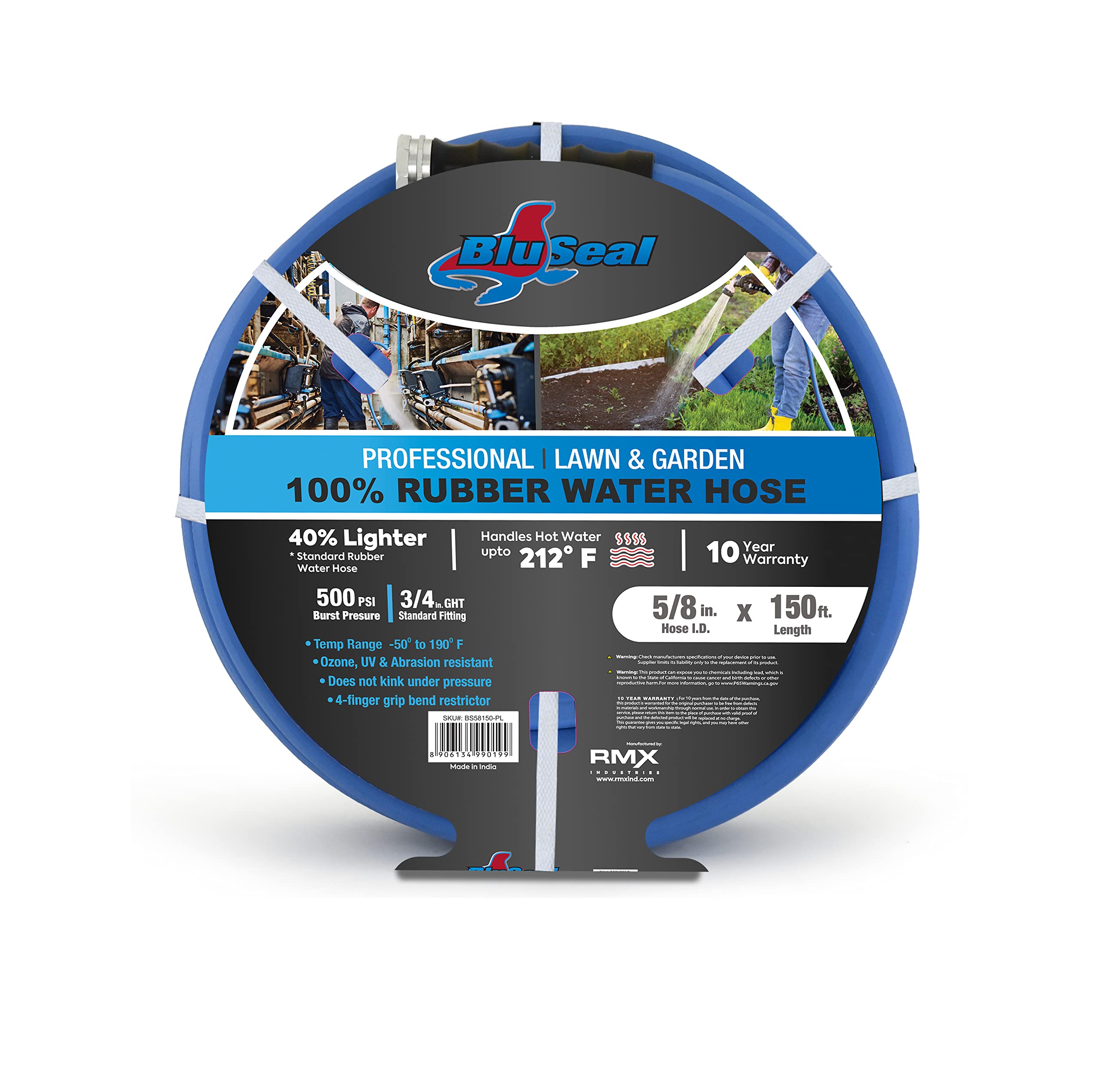 BluSeal Hot/Cold Water Rubber Garden Hose, 100% Rubber, Ultra-Light, Super Strong, 500 PSI, 50F to 190F Degrees, High Strength Polyester Braided (5/8"