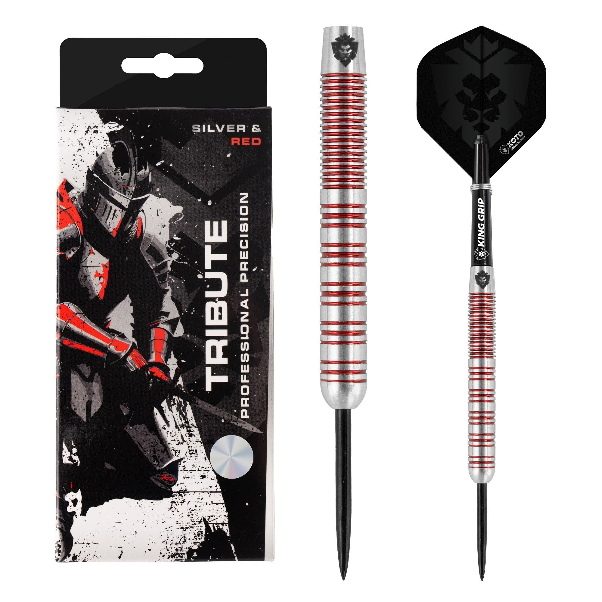 KOTO Lot de 3 fléchettes Tribute avec barils, ailettes, tiges et porte-fléchettes, grip fixe Argenté rouge
