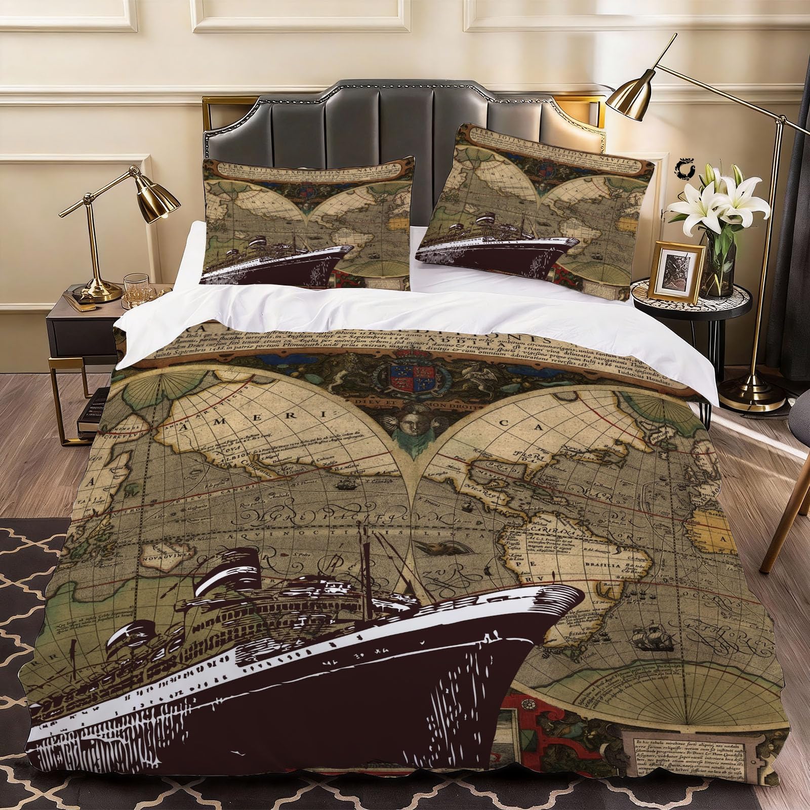 3D Vintage Map Duvet Cover Cartoon Bedding Double Bed Set, Soft Microfiber Comforter Cover Printed with Zipper Closure Quilt Coverr 200x200 cm and 2 Pillowcases