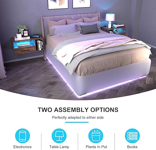 Miniatura 5 de Mesita de noche con estación de carga y tiras LED, mesa de 21.3 pulgadas con cajones, mesita de noche flotante con puertos USB y tomas, muebles de