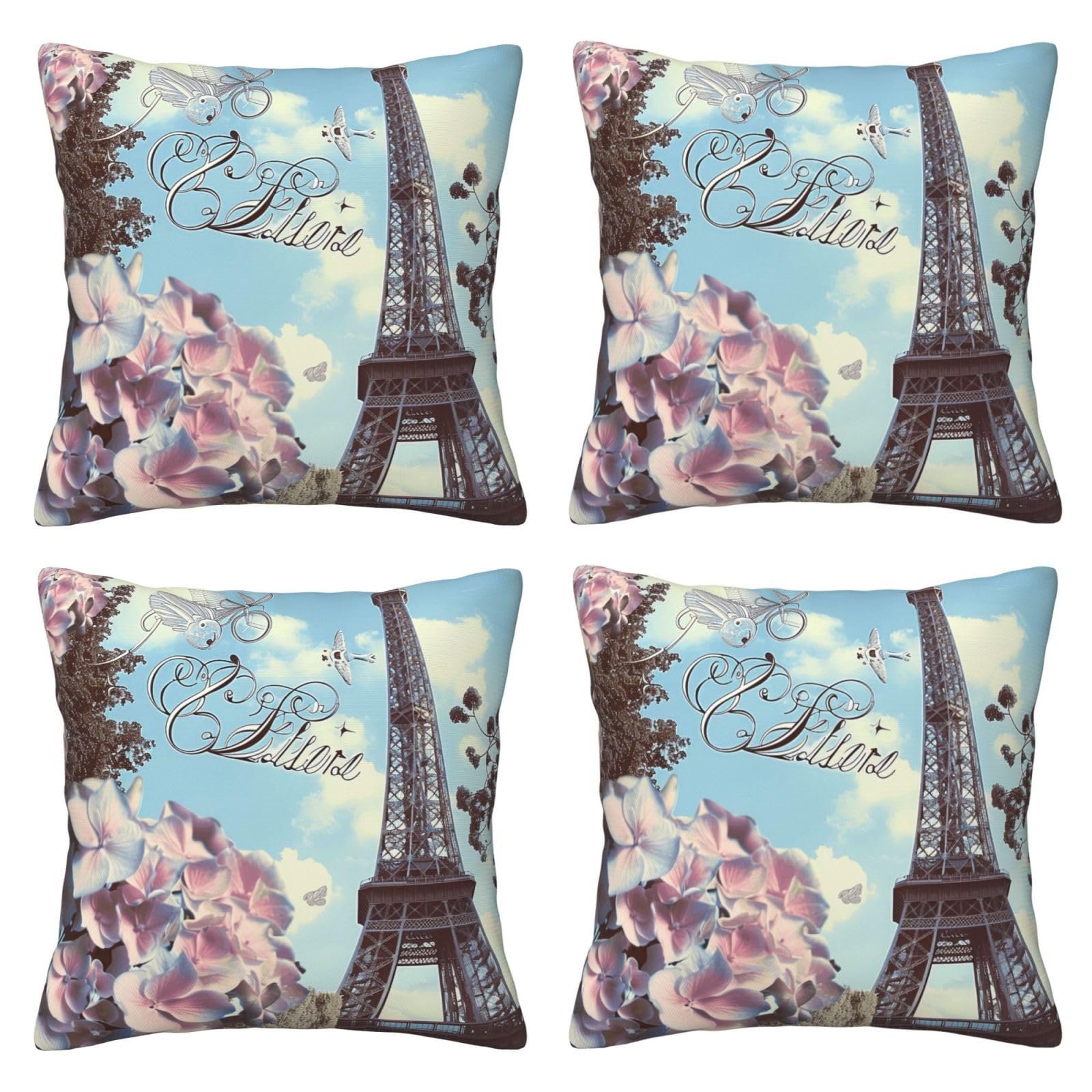 Paris Eiffel Tower Flowers Throw Pillow Cases 4 Pack Square Pillowcases Super Soft Pillow Protectors With Zipper for Couch Livingroom Sofa Bed Office Car,50x50 CM