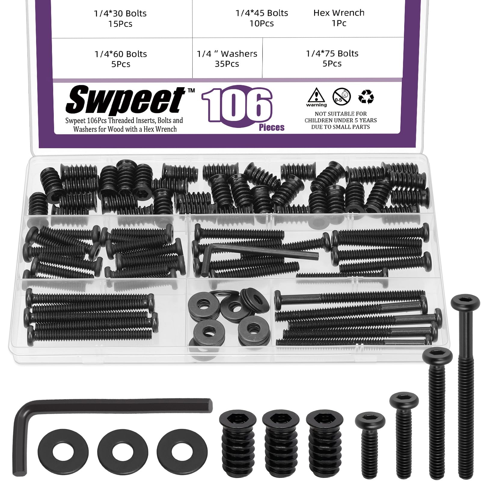 Swpeet 35 Sets 1/4-20 Black Zinc Plated Threaded Inserts and Bolts Washers Assortment Kit, 1/4ร30/45/60/75 Flat Head Hex Socket Furniture Bolts for Woodworking, Hex Drive, Wrench, Total 106Pcs