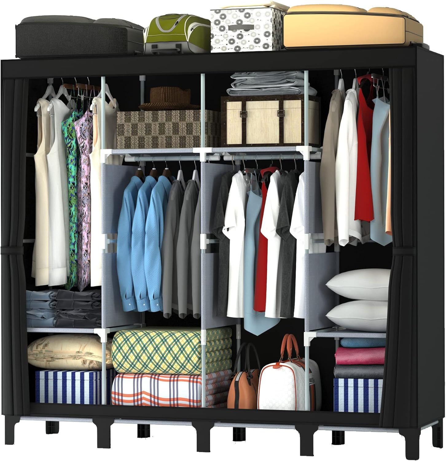 LOEFME Canvas Wardrobe, 165 * 45 * 175 cm Portable Wardrobes for Bedroom, Four-column Spacious Foldable Wardrobe, Easy Assembly Cloth Wardrobe, New Base Design Fabric Wardrobes, Black