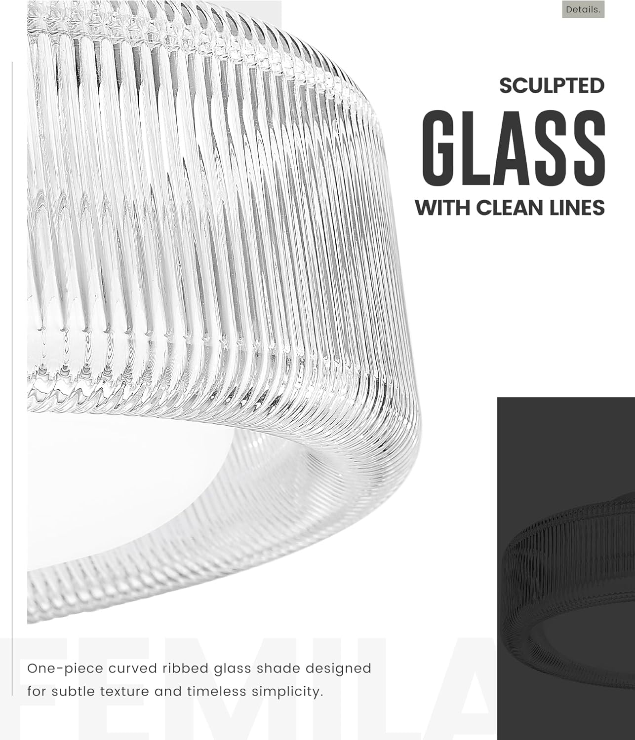 FEMILA LED Ceiling Light Fixture, 12" Flush Mount Ceiling Light with Ribbed Glass, for Kitchen, Hallway, Bedroom, 6500K Daylight White, 4FSE104F WH