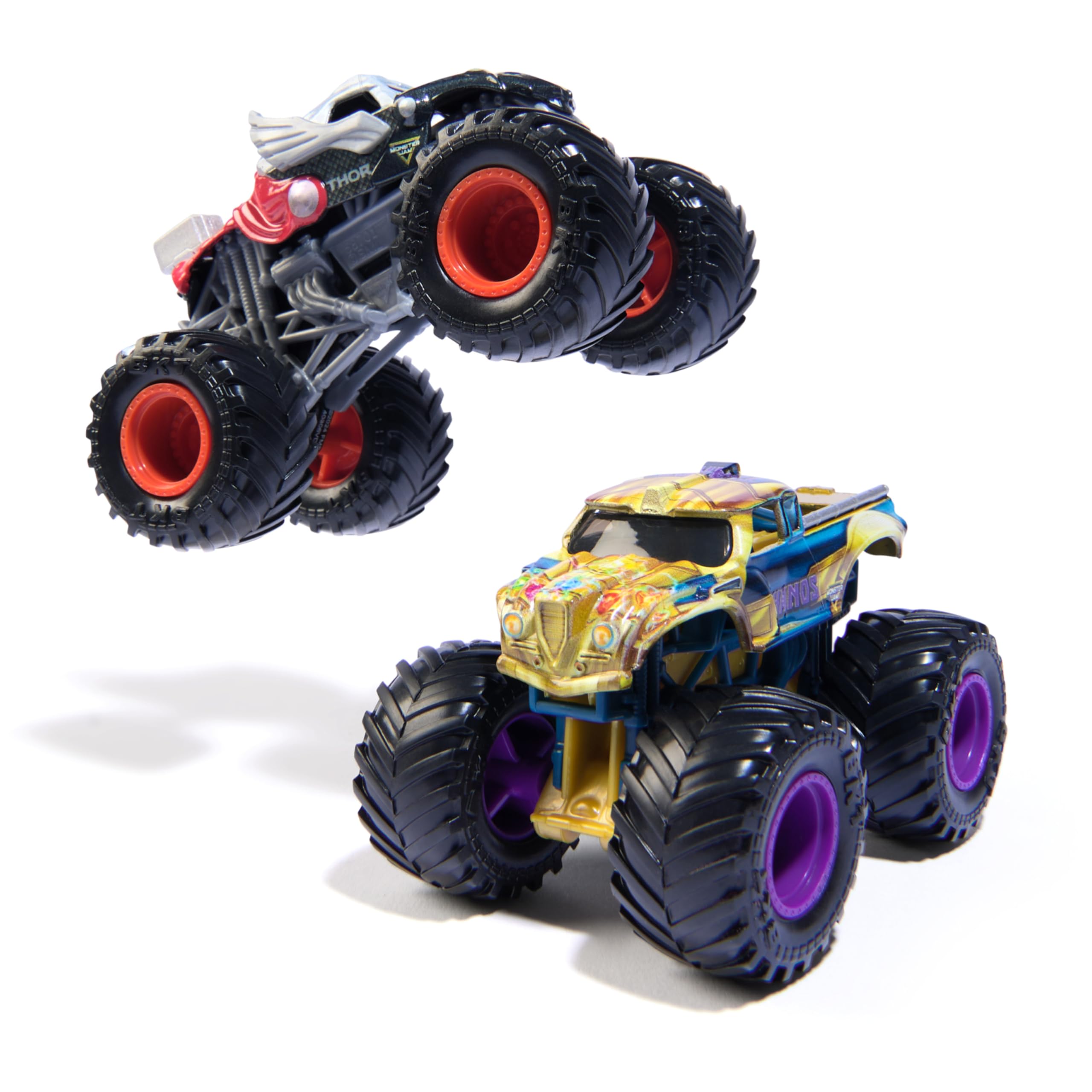Monster Jam, Marvel Oficjalne odlewane ciężarówki Thanos Vs Thor Monster Truck w skali 1:64, zabawki dla chłopców i dziewczynek od 3 lat