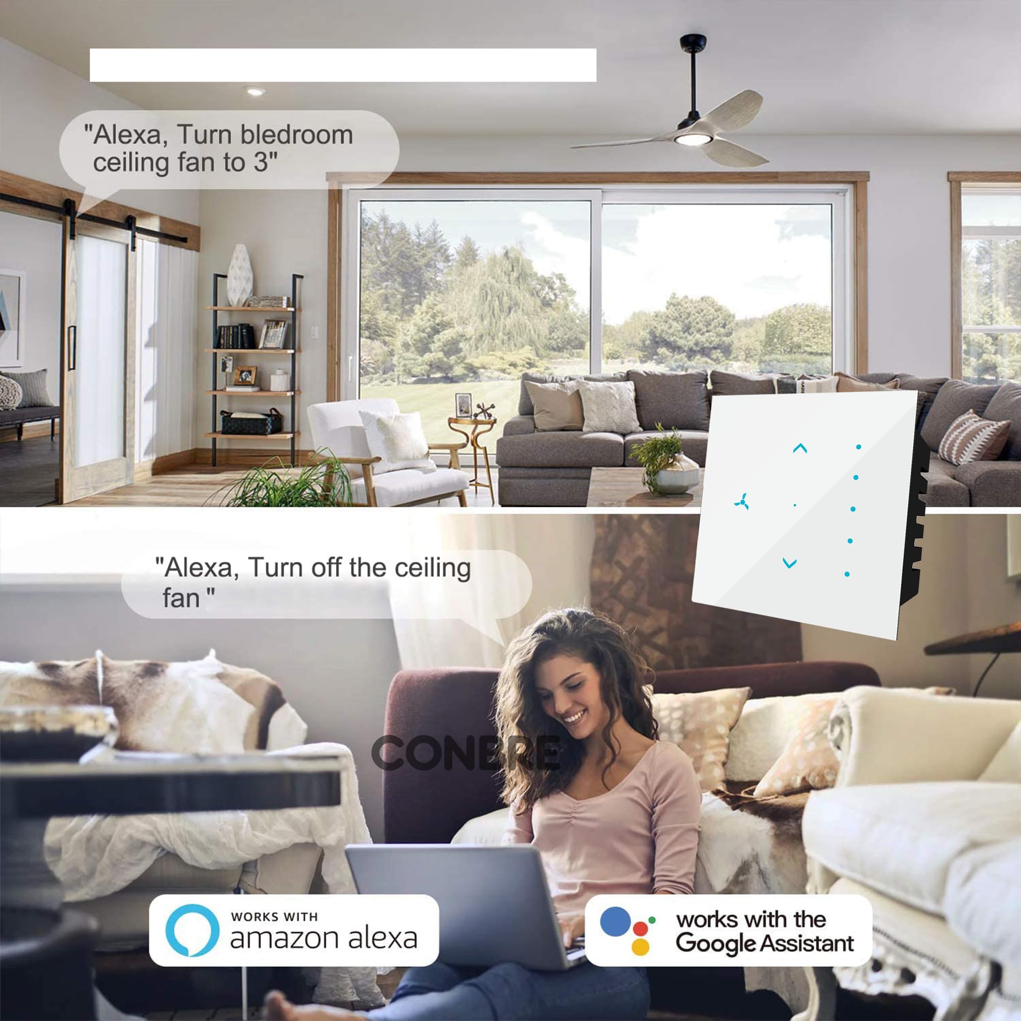 Conbre SF1 Wi-Fi based Smart Fan Touch Switch for automation, remote and 5 speed control | Compatible with Alexa, Google Assistant & Siri (Black) 4