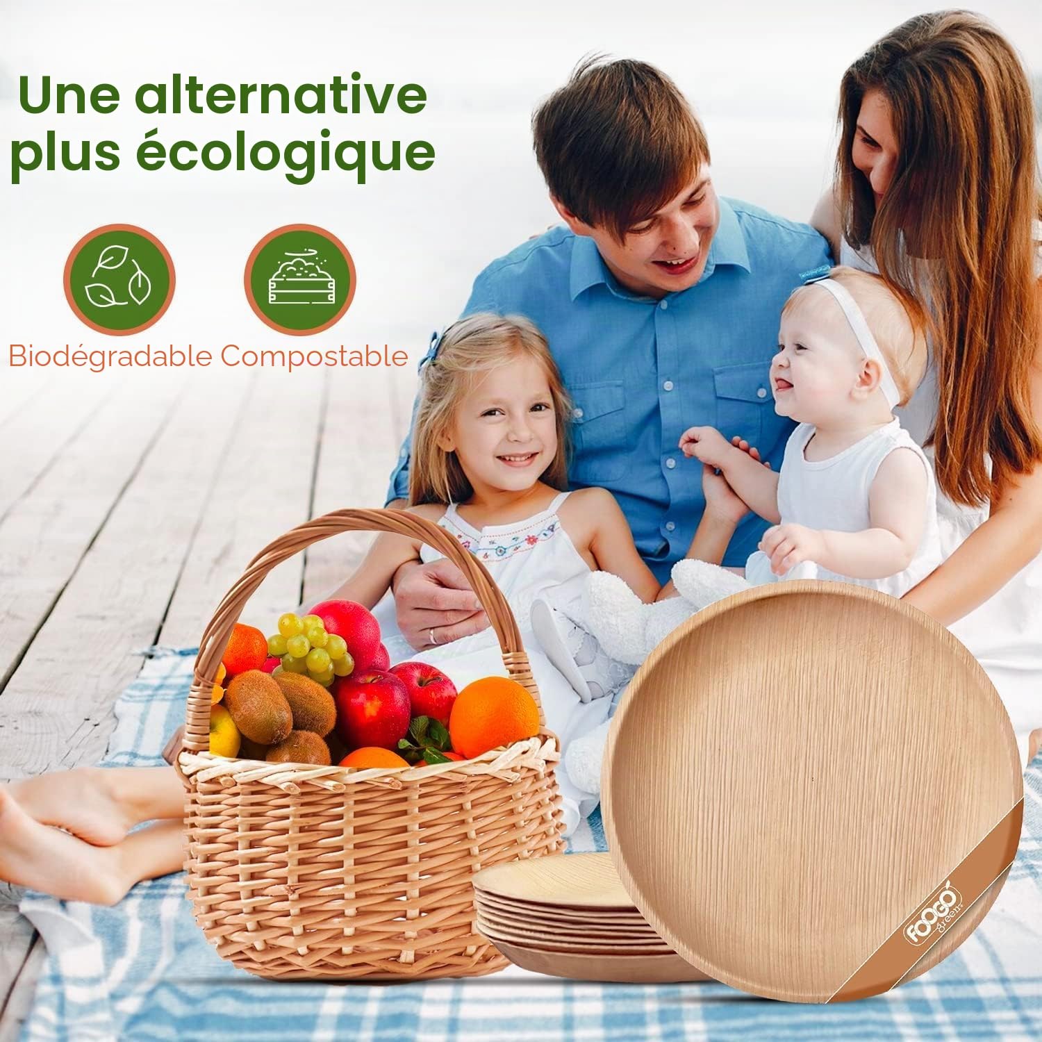FOOGO Green 200 Bols Jetables Feuille de Palmier 13cm 550ml Carrés