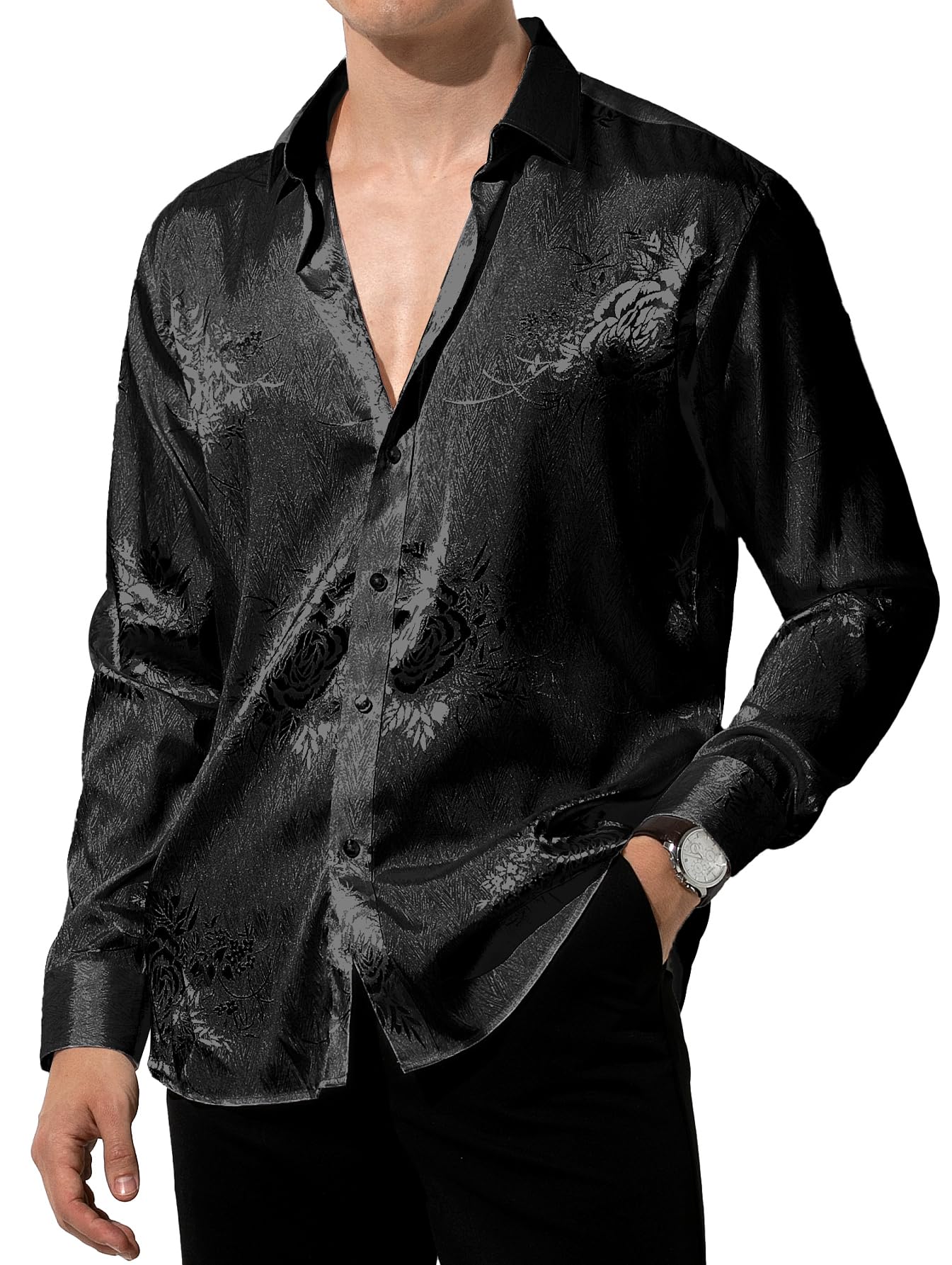Arjen Kroos Men’s Silk Like Satin Formal Dress Shirts Slim Fit Button Down Jacquard Shiny Luxury Shirts