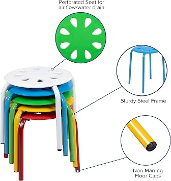 Classroom Essentials Plastic Nesting Stack Stools, 11.5 Height, Assorted Colors (5 Pack)