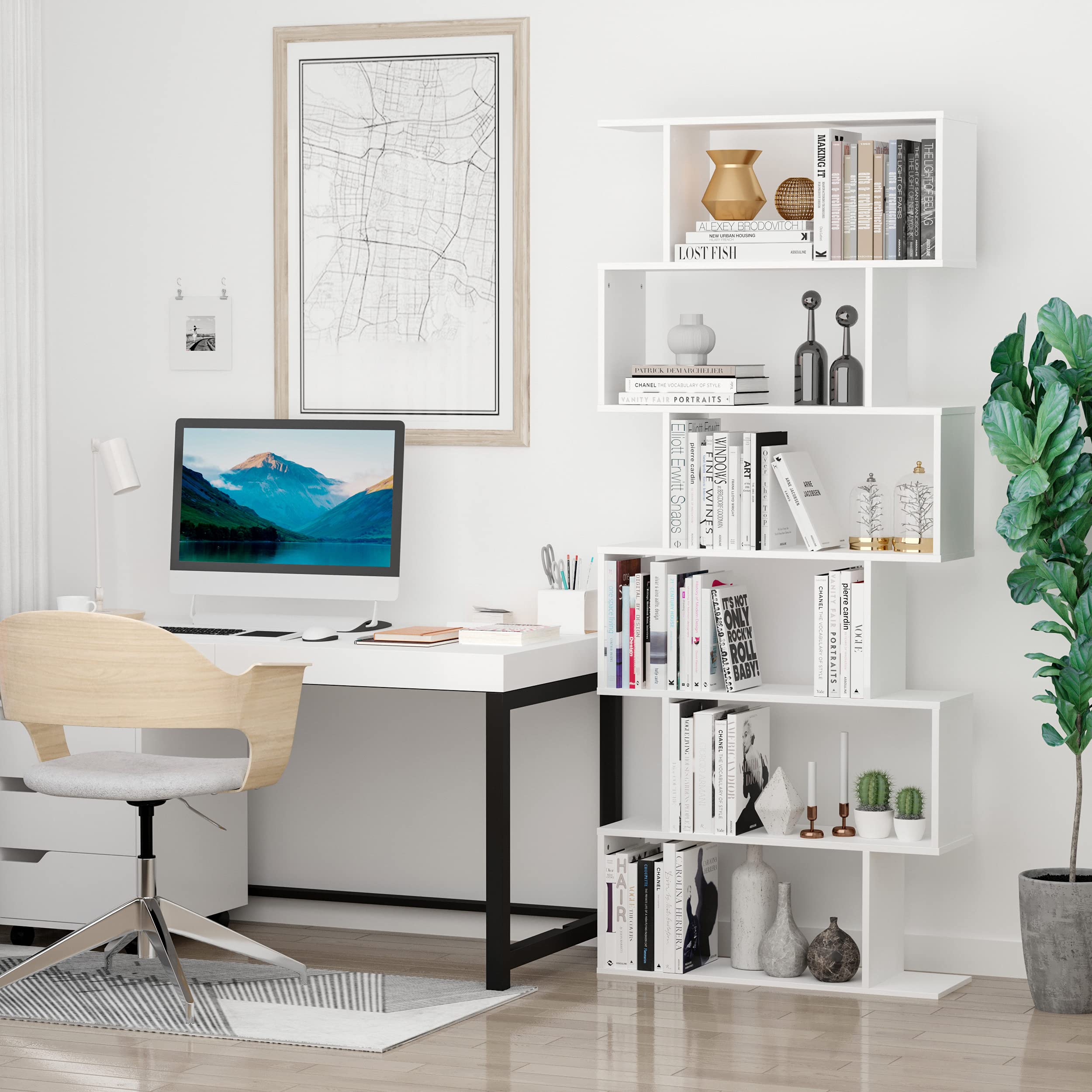 HOMCOM Estanteria Libreria 6 Estantes Madera Forma S 80x24x191 cm Estantes Color Blanco