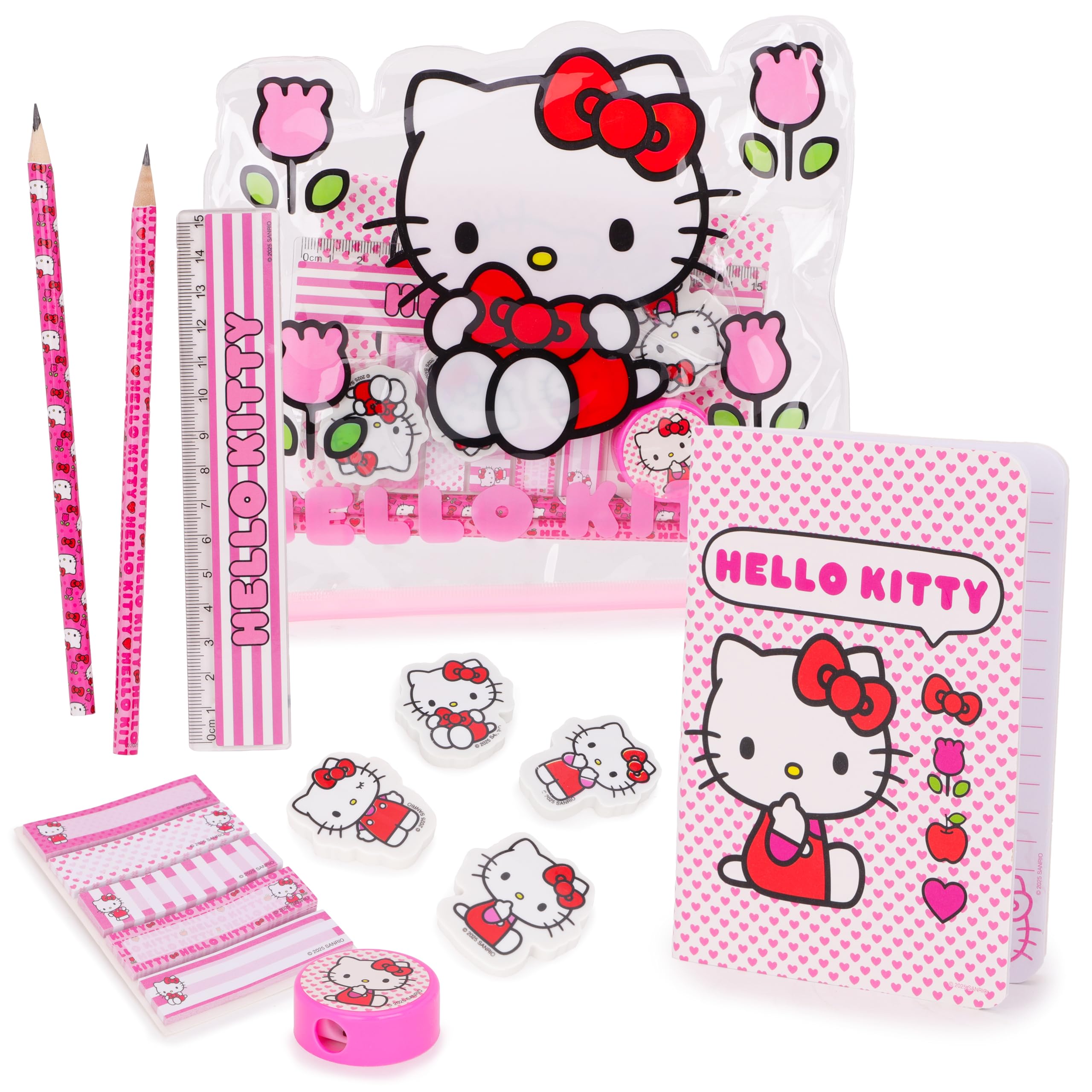 Toyland® Hello Kitty Filled Pencil Case - Includes: 1x Notebook, 2 x Pencils, 4 x Character Erasers, 1 x Sharpener, 1 x Ruler & 125 x Sticky Notes - School Stationary Set - Travel Drawing Supplies