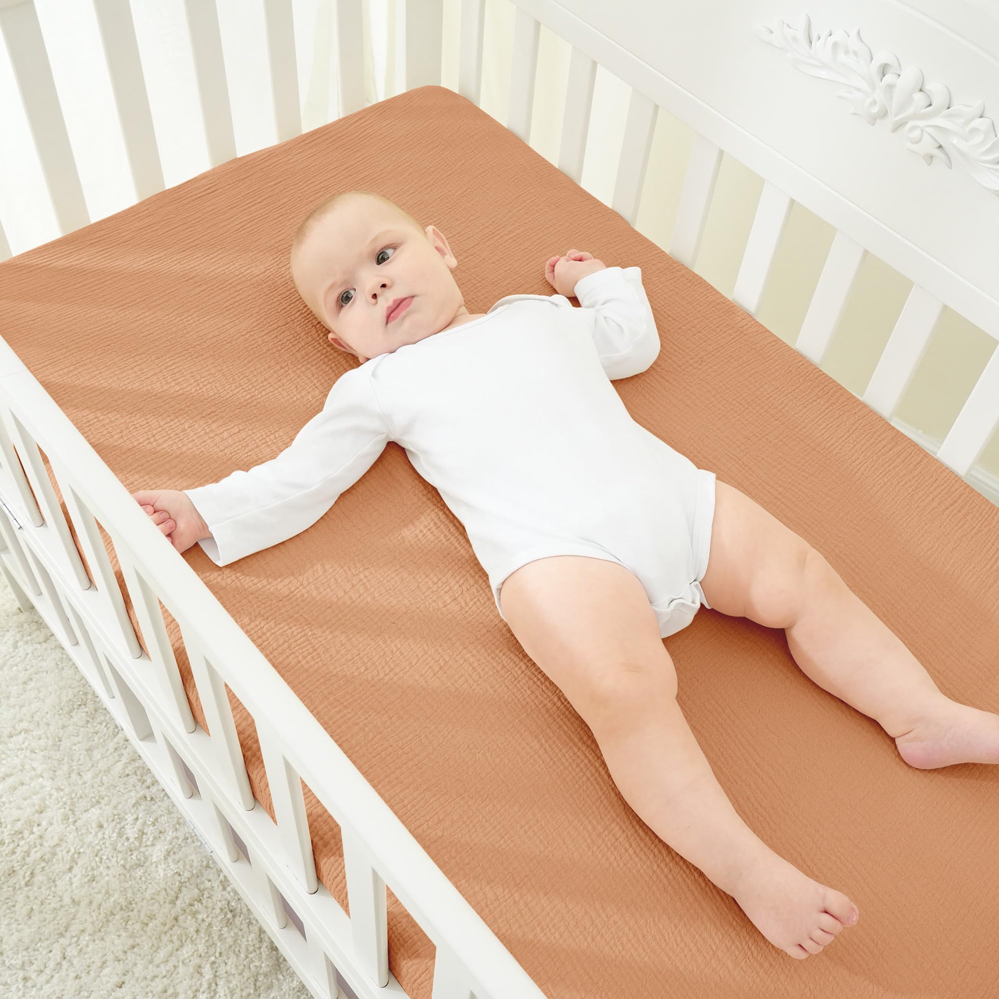 Bearmoss Sábana de Muselina, 100% Algodón, para Colchón Estándar de Cuna y Colchón de Cama Infantil, 60 x 120 cm/70 x 140 cm,Sabana Bajera Cuna Ajustables para Cama Auxiliar (Luna Marrón, 60x120)