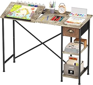 X-cosrack Art Desk for Kids, 45°Tiltable Drafting Table with Storage Drawer & Shelves, 25.98" H Student Writing Reading Table for Bedroom & Study Room, Small Desk for Children