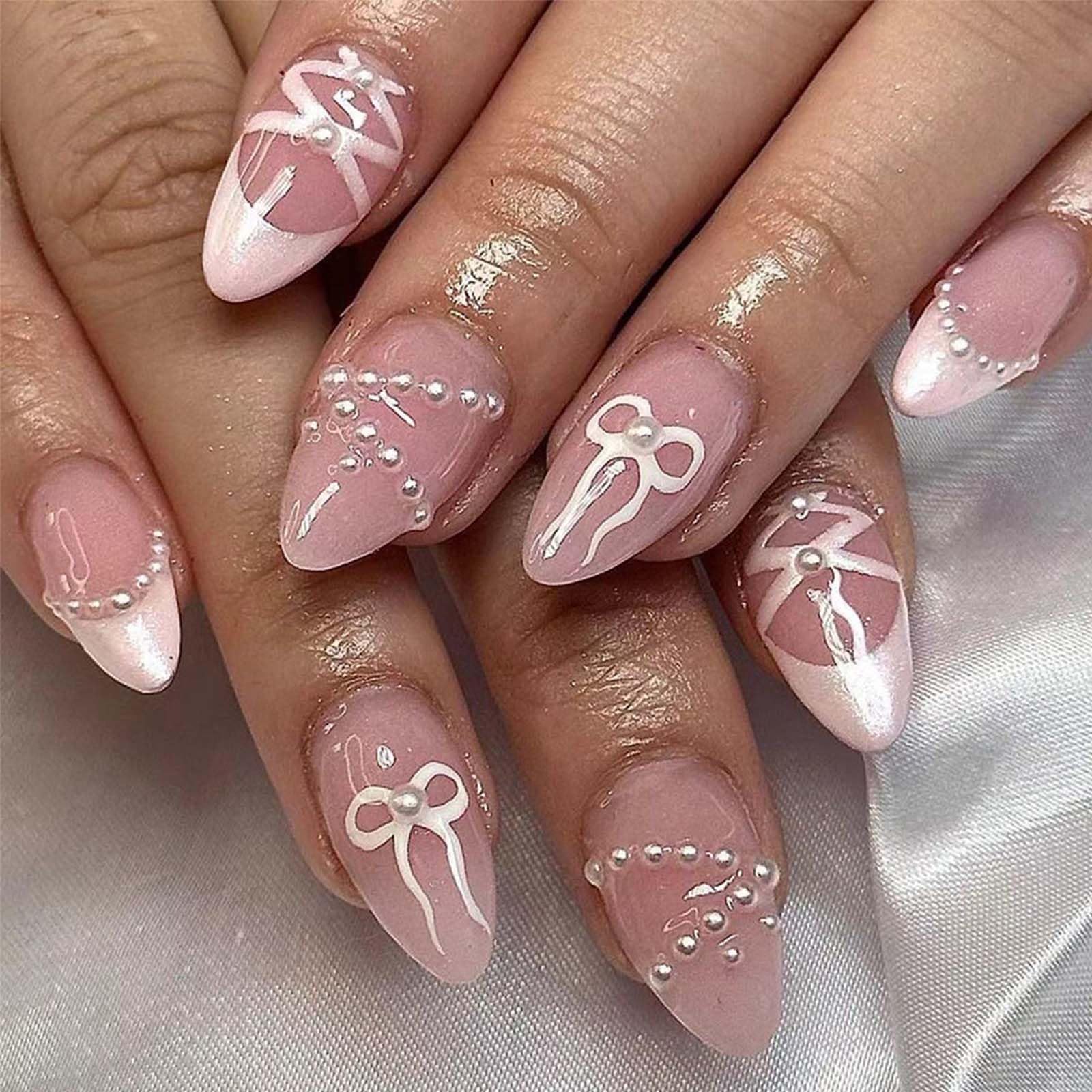 French Tip Fake Nails Medium Almond Fake Nails Bow with Pearls Design Pink False Nails Acrylic Artificial Full Cover Glossy Glue on Nail Stick on Nail