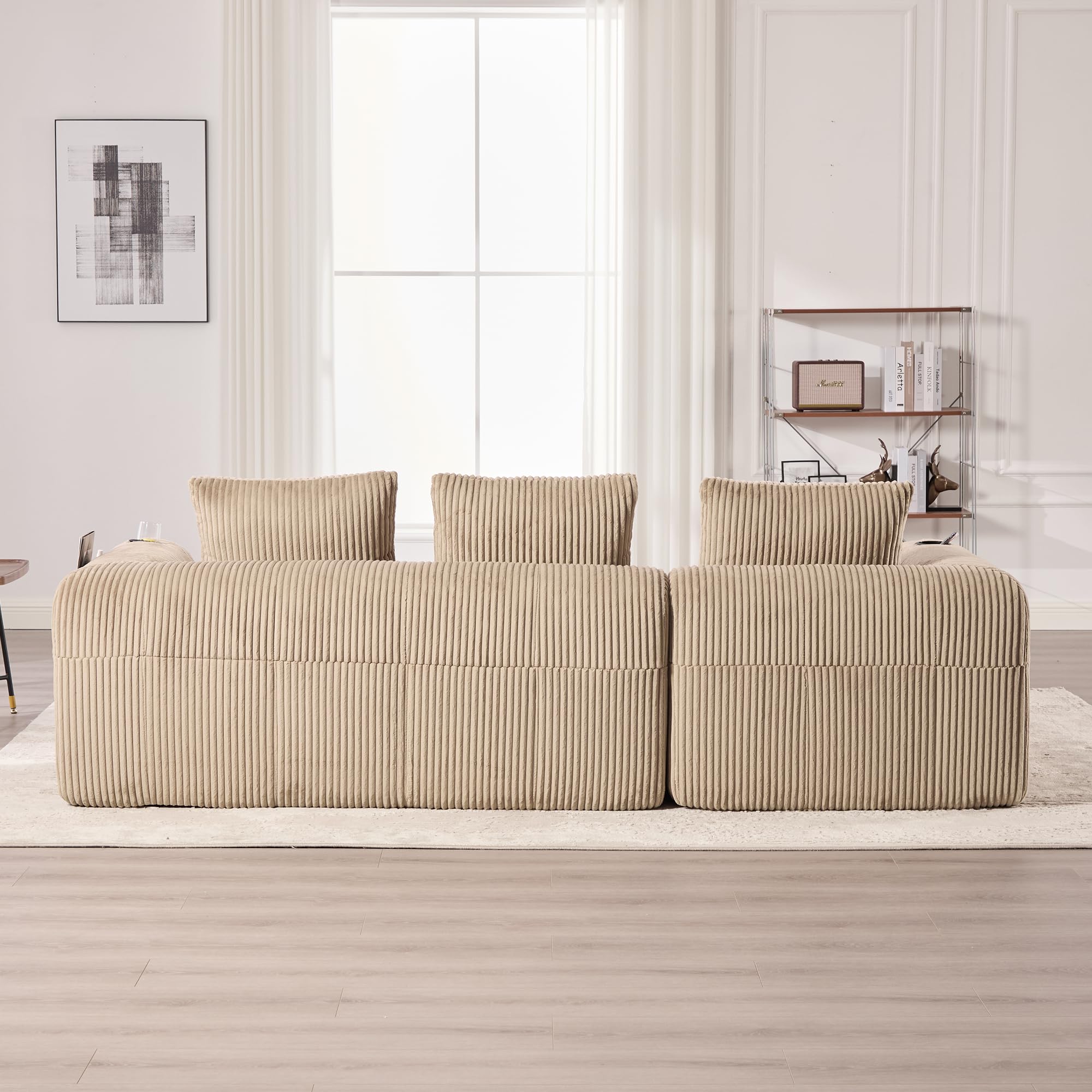 Soweiz Sofá compacto de pana – Sofá modular suave con bolsillo lateral y soporte para bebidas, comodidad para sentarse durante mucho tiempo, incluye 3 almohadas. Para salón, estudio y más (caqui)