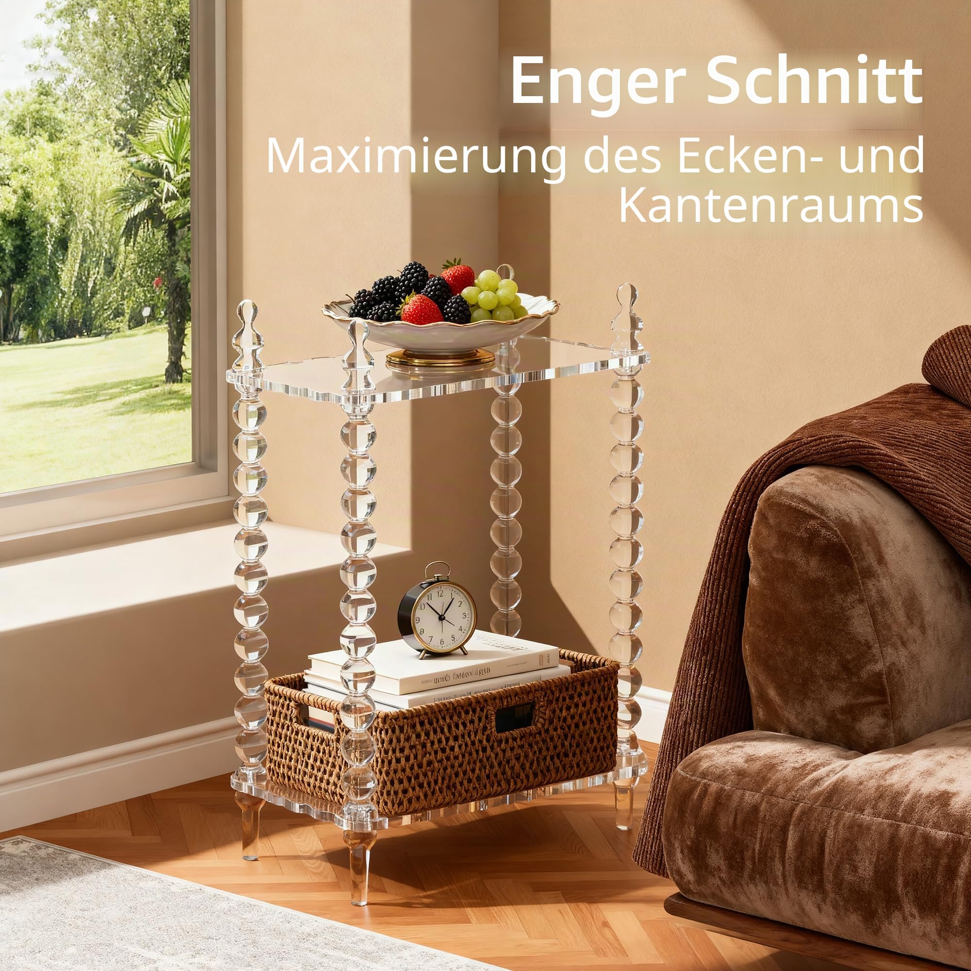 Acryl Beistelltisch 2-stöckig, transparenter Nachttisch mit Stauraum, schmaler Beistelltisch für Bett & kleine Räume (Transparent, 52.5×26.4×65.9 cm)