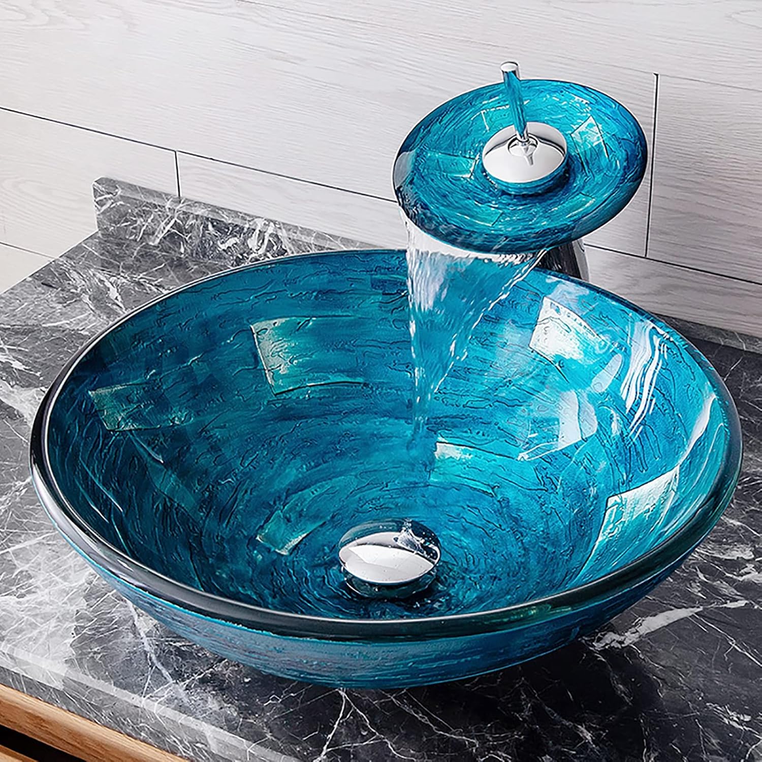 カウンタートップ洗面台シンク、強化ガラスバスルームベッセルシンク