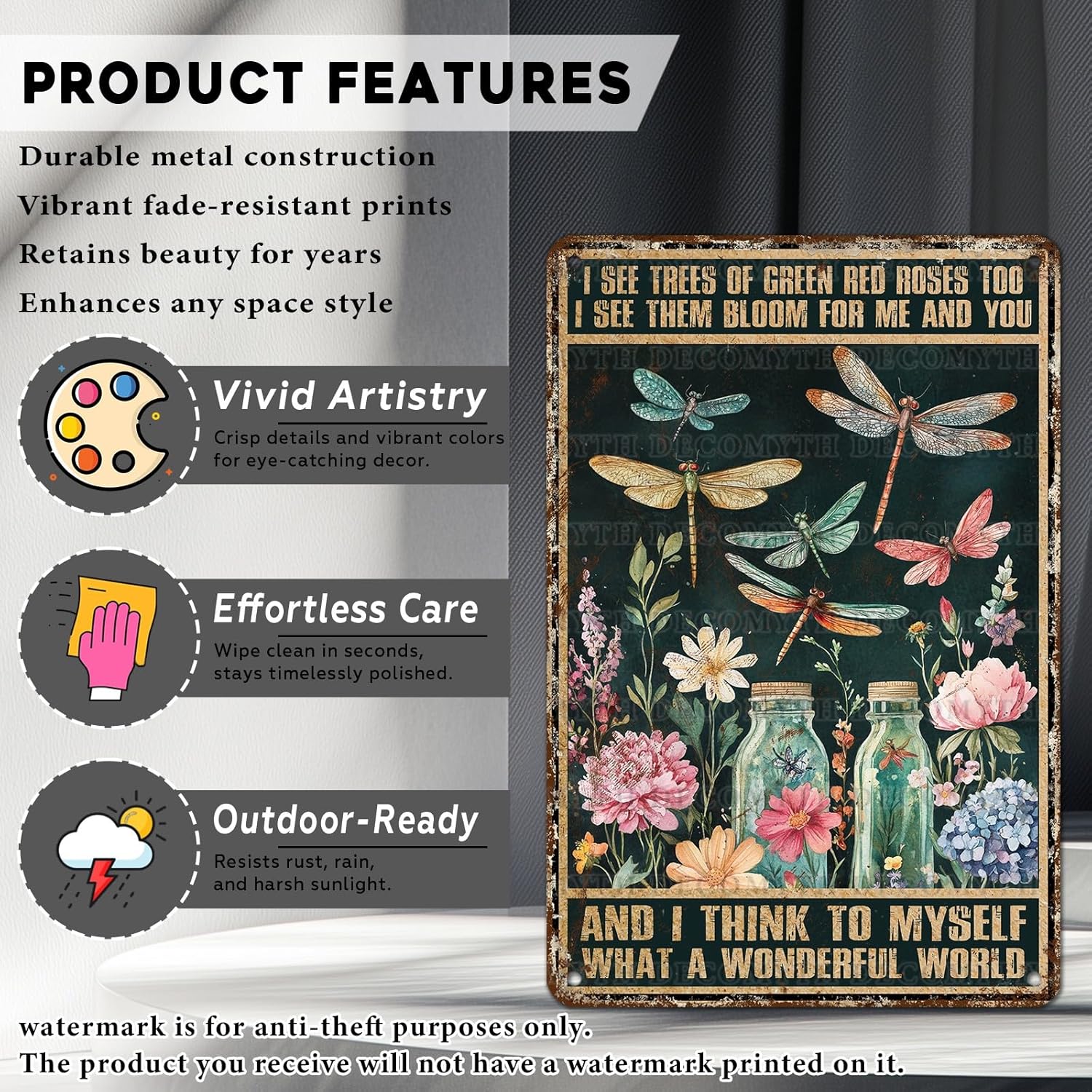 What A Wonderful World Wall Art Metal Sign Dragonfly Metal Wall Art Vintage Retro Tin Sign for Garden Yard Patio Farmhouse Bar Man Cave Home Decoration 12 * 8inch - Image 2